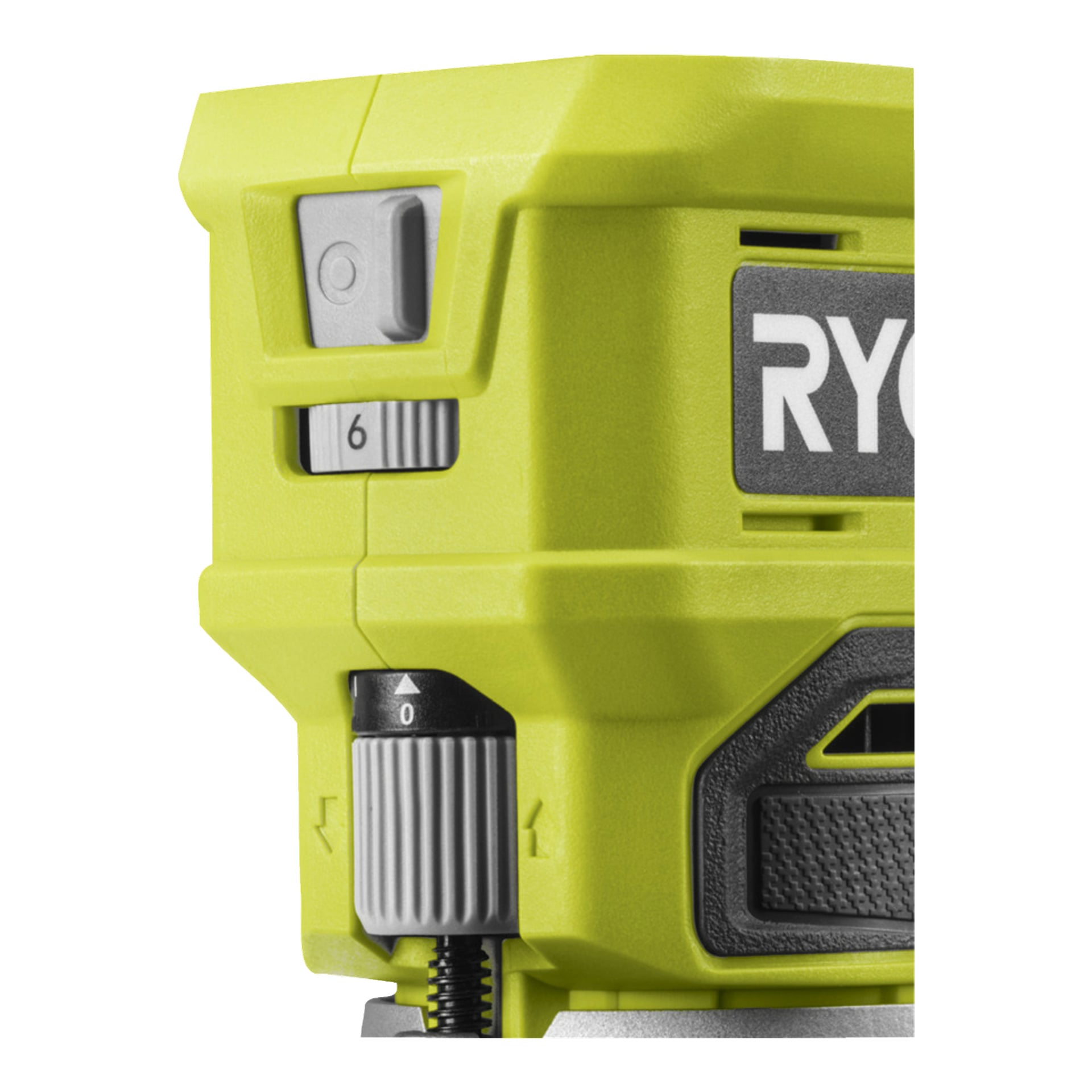 Närbild på ett grönt och grått Ryobi One+ Router RTR18-0 elverktyg, med en strömbrytare på 6 och en ratt på 0. Den delvis synliga Ryobi-logotypen syns på höger sida av enheten.