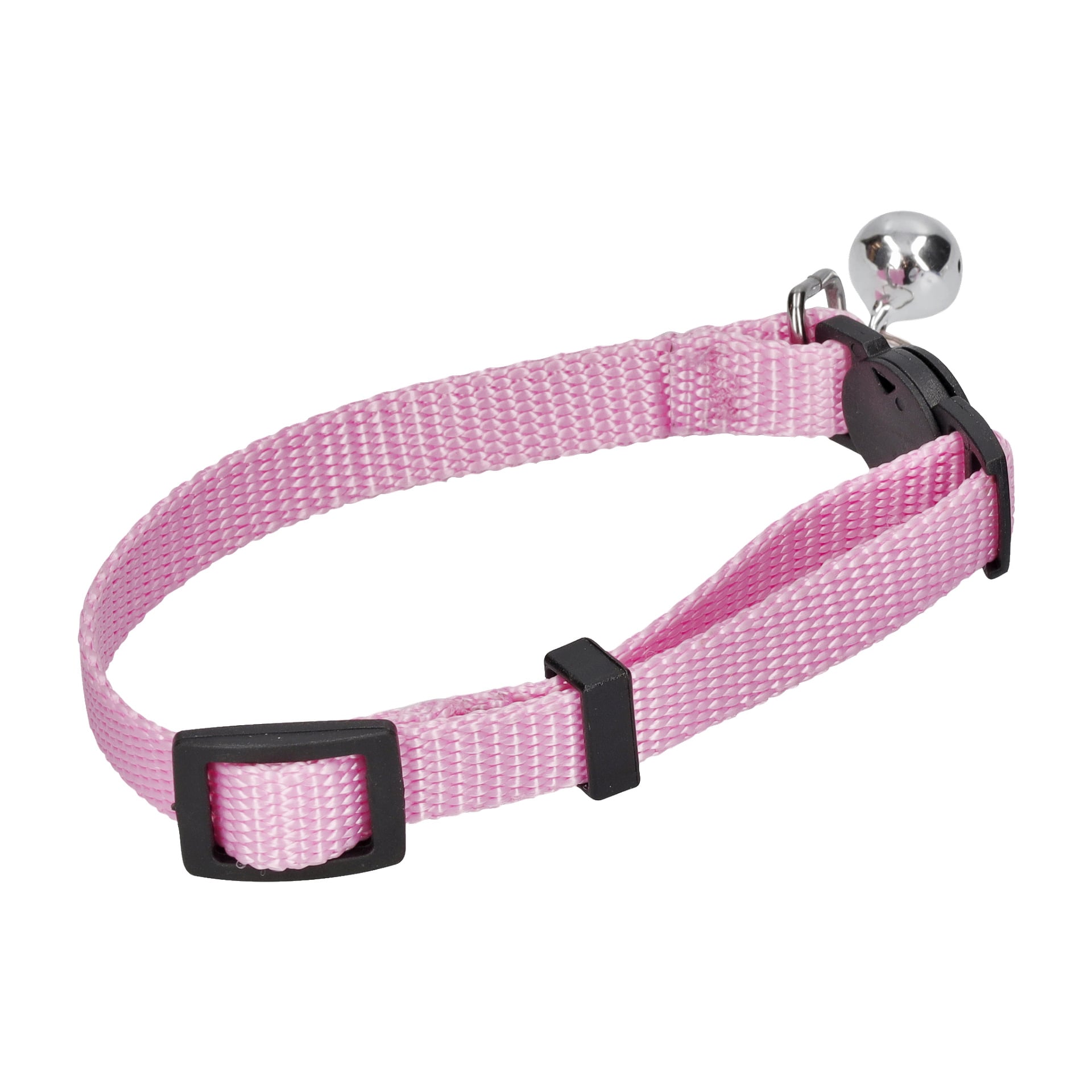 Das Katzenhalsband von Kayoba ist rosa, aus verstellbarem Nylon gefertigt, hat eine schwarze Kunststoffschnalle und wird mit einer kleinen silbernen Glocke geliefert.