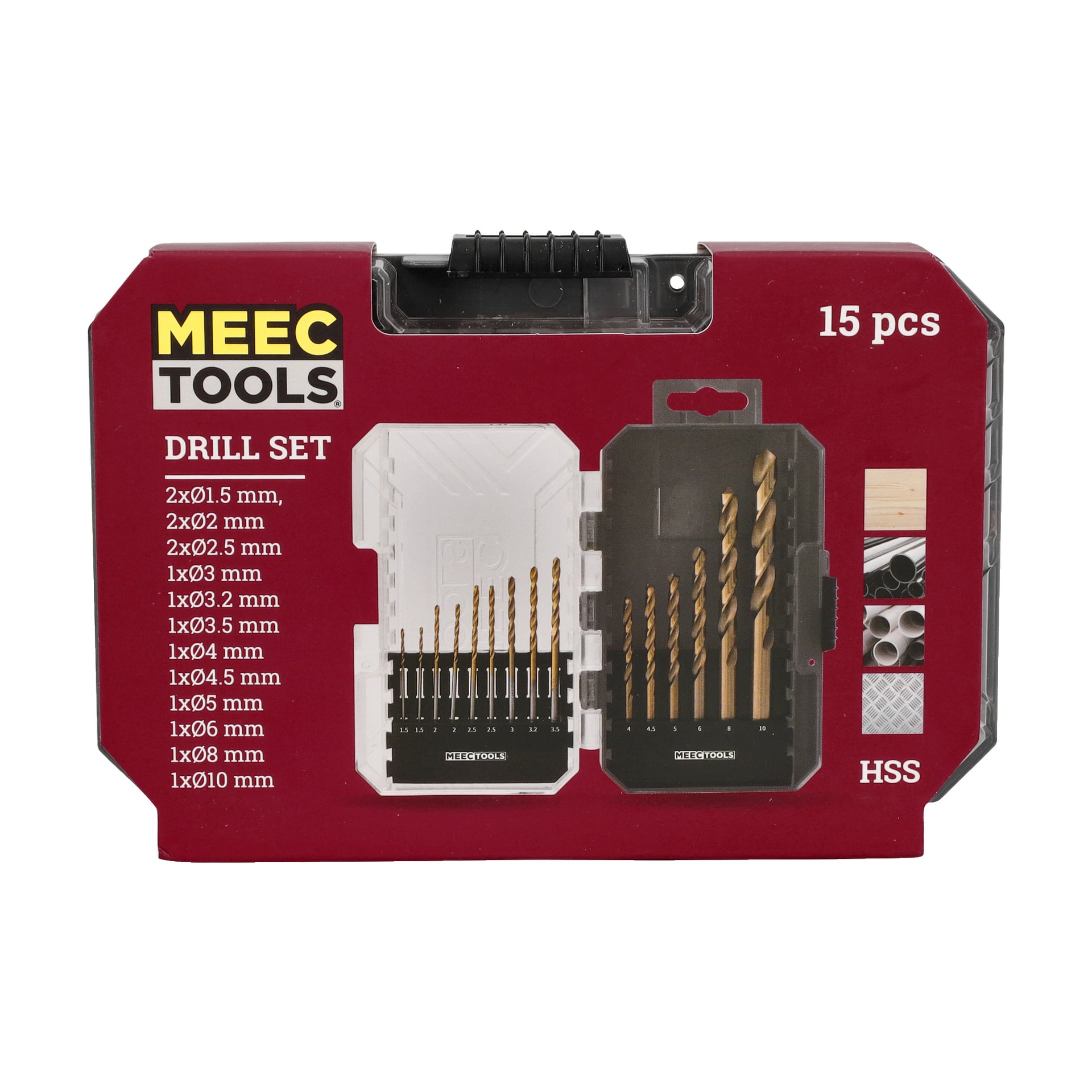 Ett 15-delat rött Meec Tools-borrset är placerat i ett plastfodral och visar olika storlekar på borrbitar. Förpackningen anger att bitarna är lämpliga för material som metall, trä och plast.