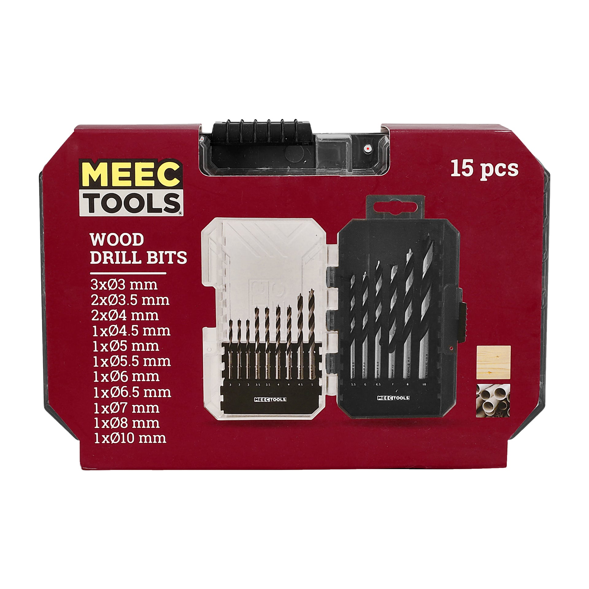 Ett 15-delat Meec Tools träborrset visas i ett rött fodral, med borrstorlekar listade på framsidan: tre 3 mm borr, två vardera på 3,5 mm, 4 mm och 5 mm borr, samt en vardera på 6 mm, 7 mm, 8 mm och 10 mm. Bilden visar höljet öppet för att avslöja borrbitarna inuti.