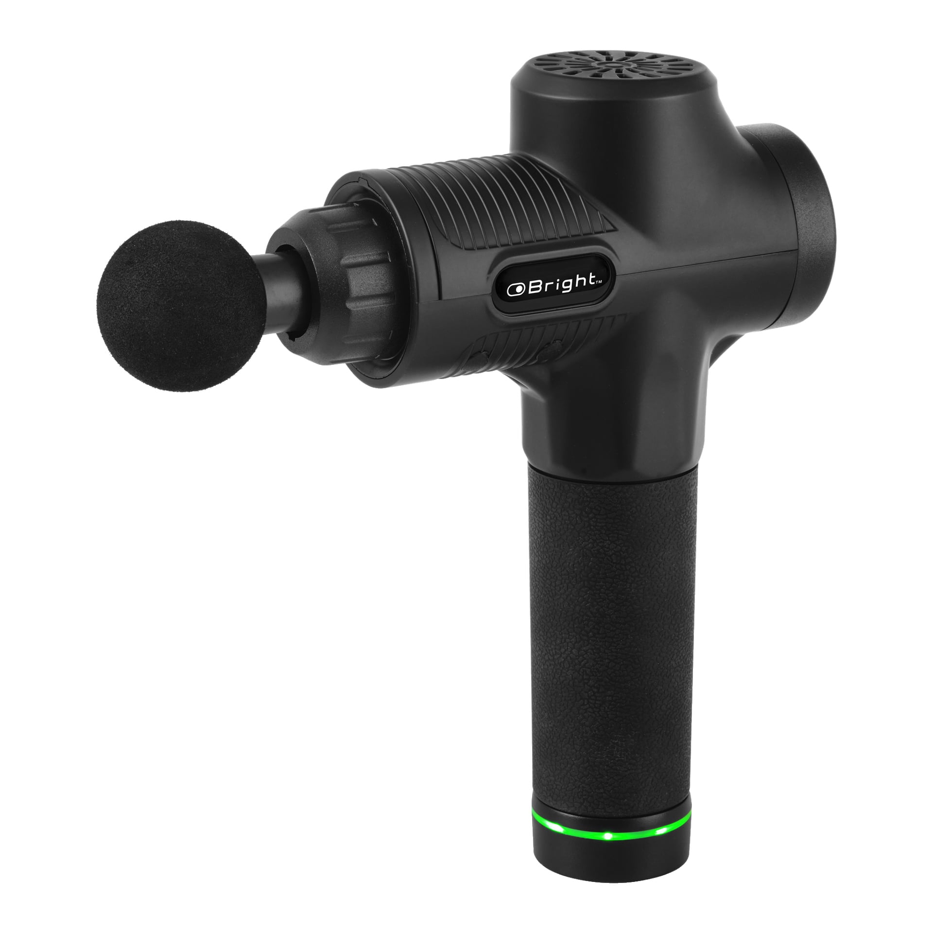 En svart Bright-massagepistol med ett texturerat handtag, ett runt skummassagehuvud och en lysande grön LED-indikator längst ner på handtaget.