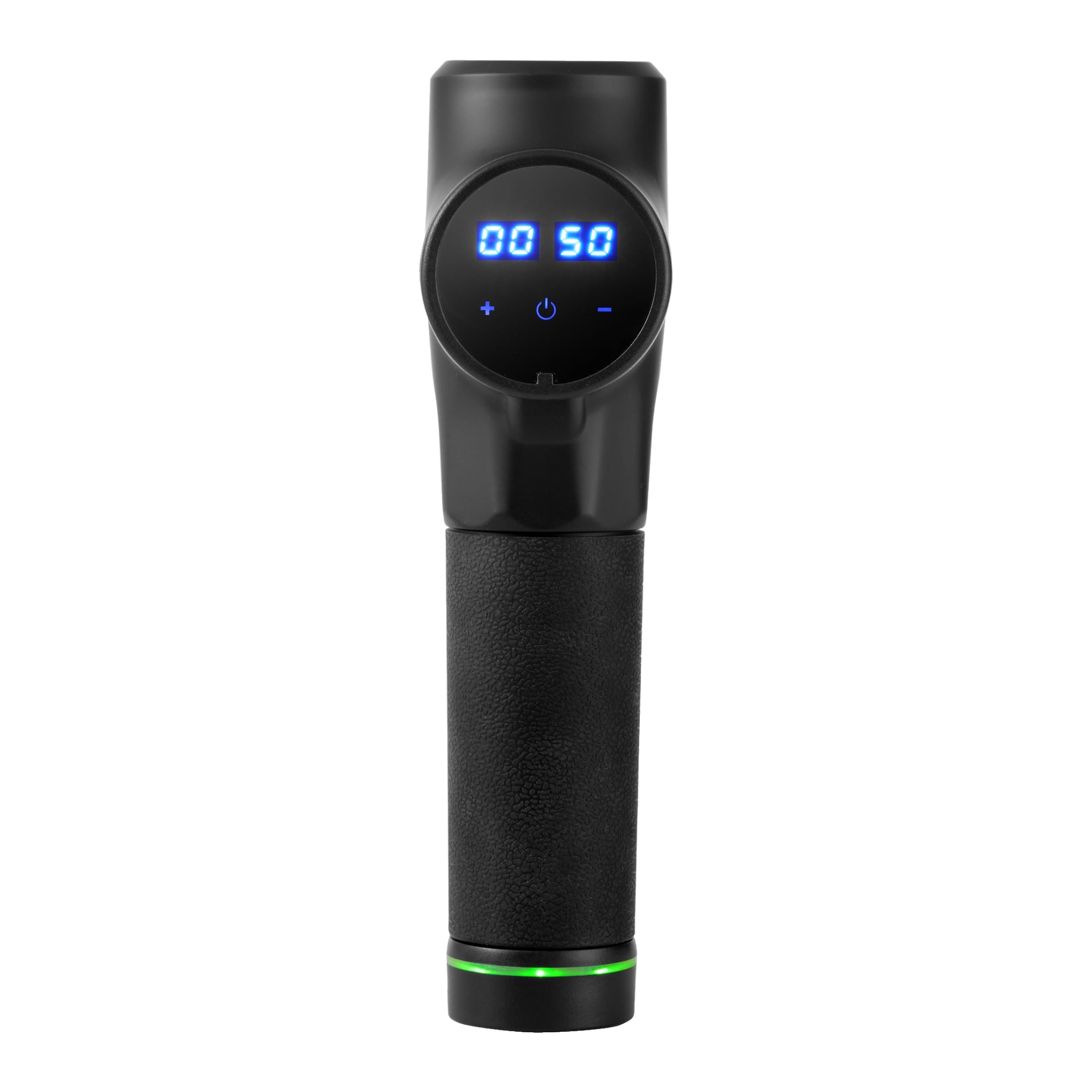 Bright Massage Gun är en svart elektronisk enhet med ett texturerat handtag, en cirkulär digital display med "00 50" i blått, kontroll- och strömknappar under skärmen samt en grön upplyst ring vid basen.