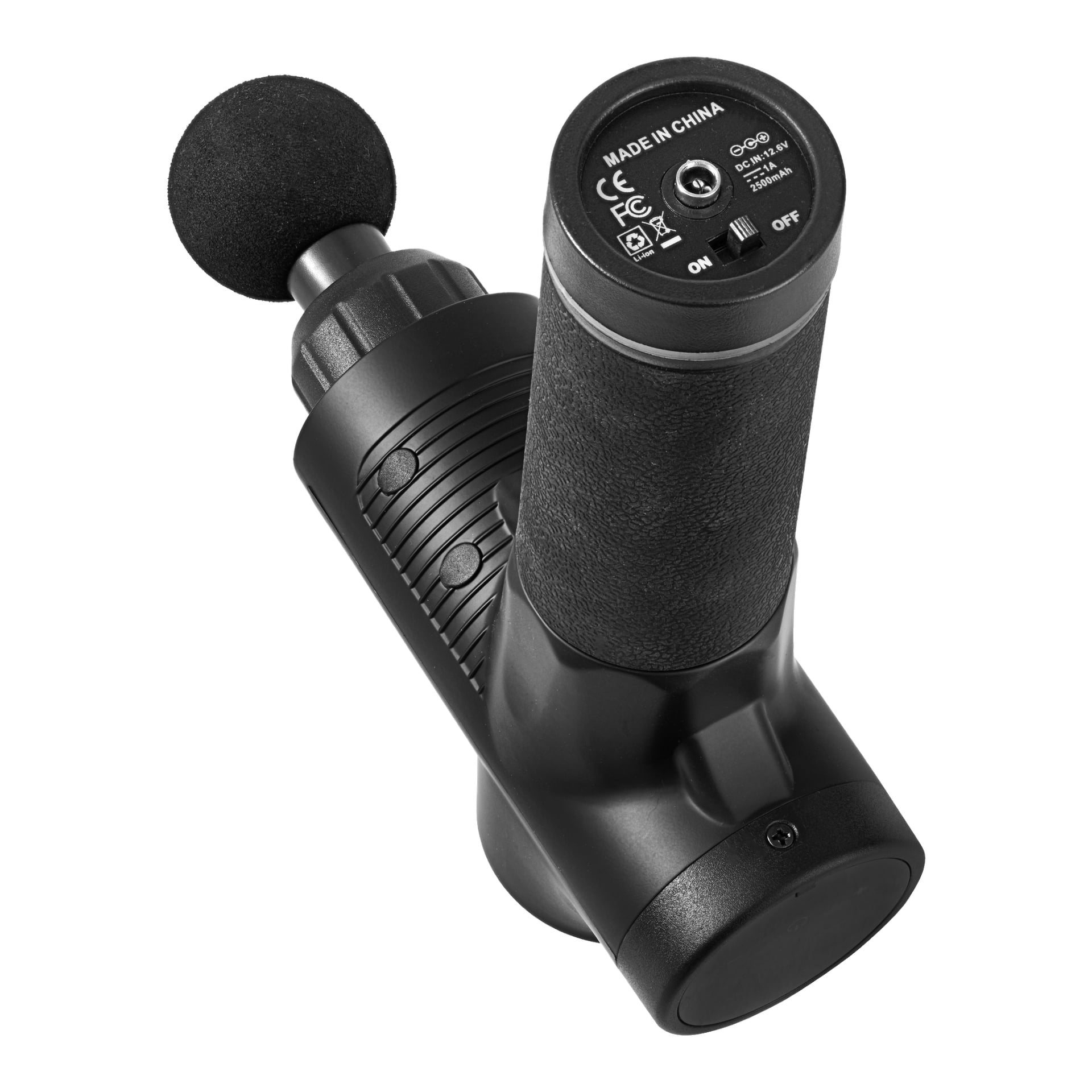 En svart Bright Massage-pistol med ett runt skumhuvud, texturerat handtag, strömbrytare och märkning i änden.