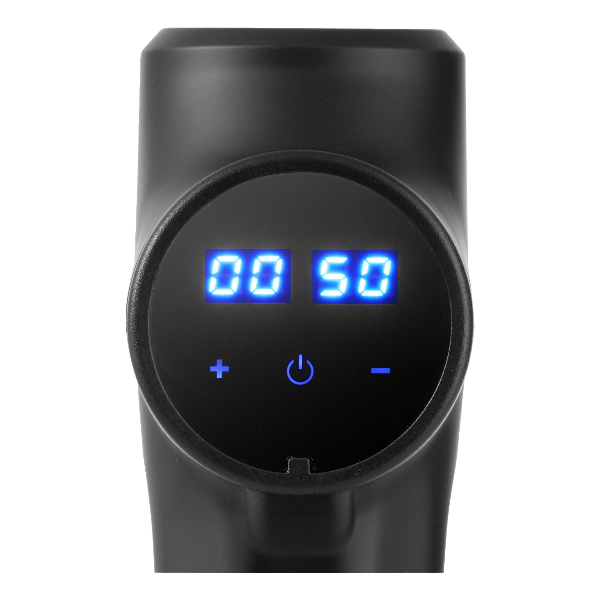Närbild av Bright Massage Gun, som visar dess moderna svarta yttre och en blå LED-display som visar 00–50 ovan beröringskänsliga plus-, ström- och minussymboler.