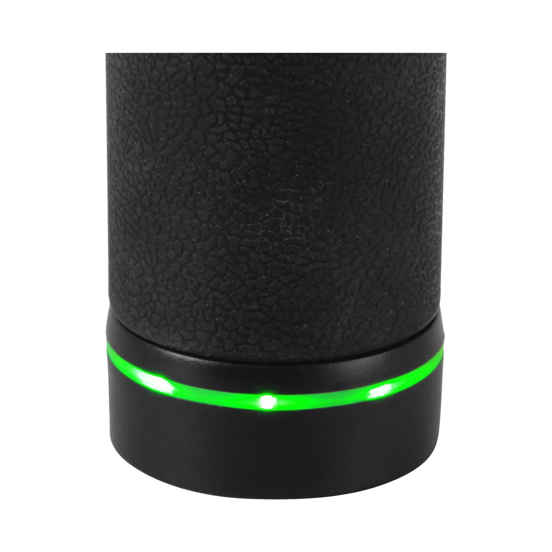 Närbild på Bright-massagepistolen, en svart cylindrisk apparat med texturerat grepp och en upplyst grön ring nära basen.