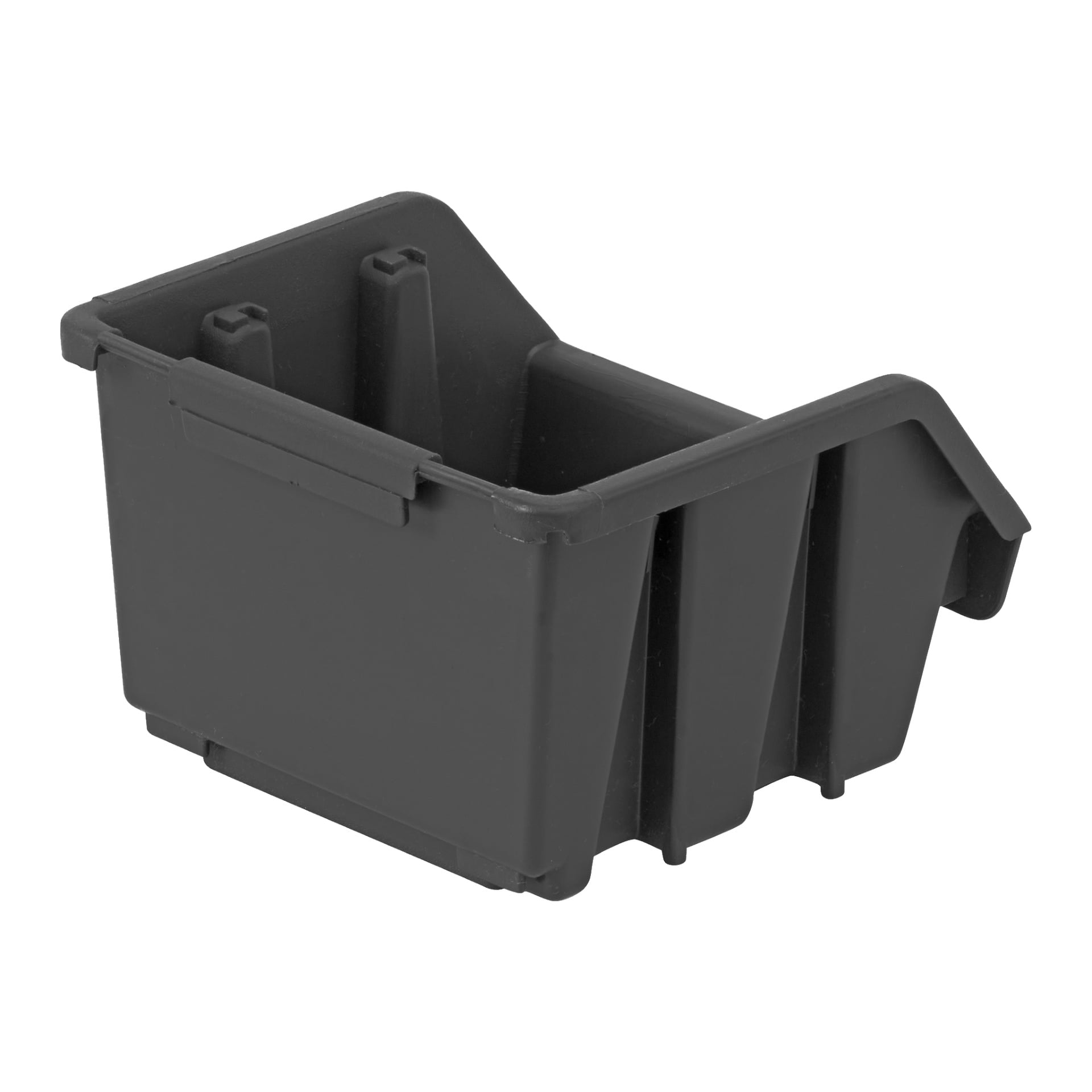 Czarne plastikowe pudełko Hard Head Assortment z otwartym przodem, solidnymi wzmocnionymi bokami i tylną krawędzią przeznaczoną do układania lub wieszania.