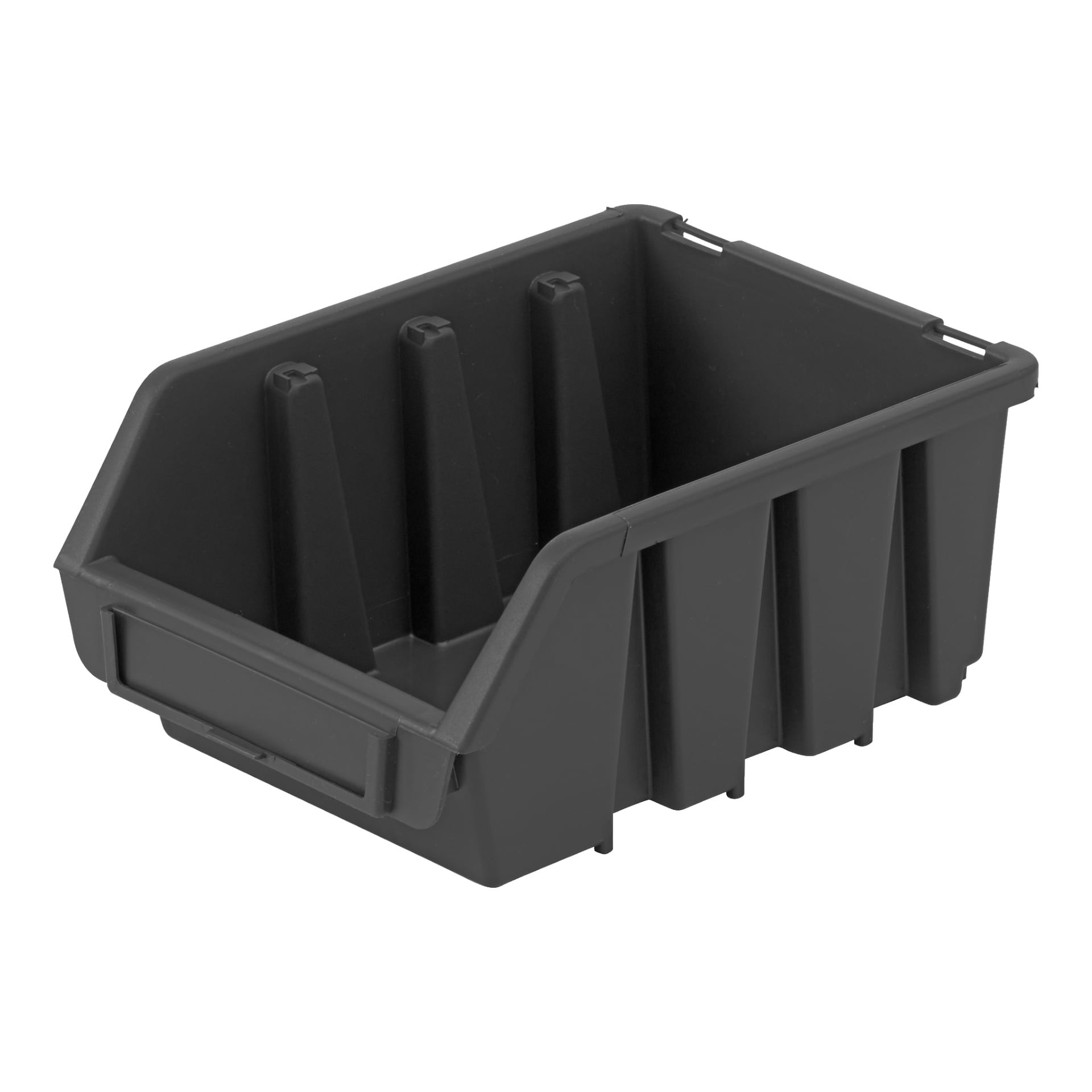 En svart plast Hard Head Assortment-boks med solide, ribbede sider og en frontspalte for merking. Kassen har en åpen front, noe som gjør det enkelt å få tilgang til og organisere små deler eller verktøy.