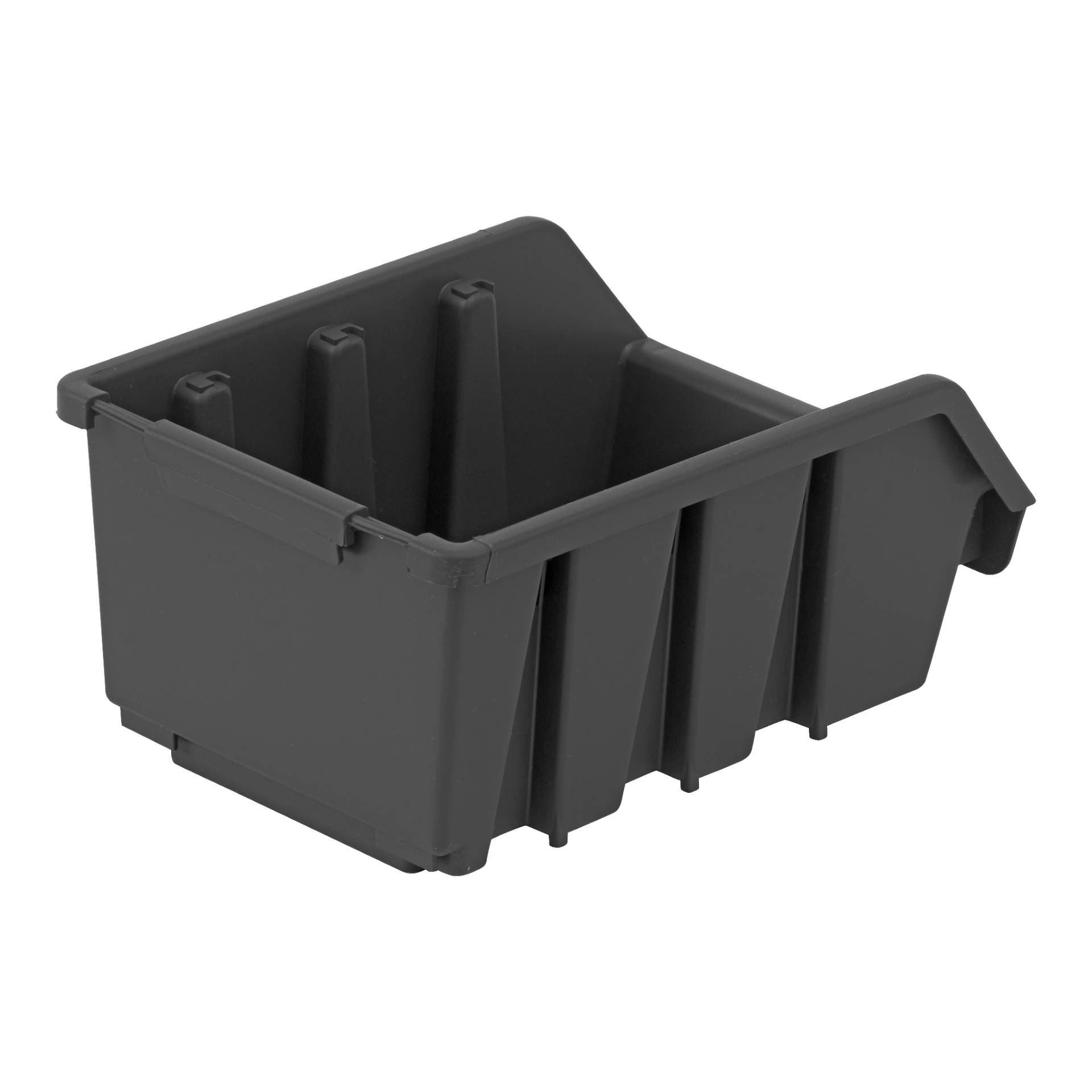 Hard Head Assortment-boksen er en svart plastboks med solide forsterkede sider, innebygde skillespor og en skrå frontåpning. Kassen er tom.