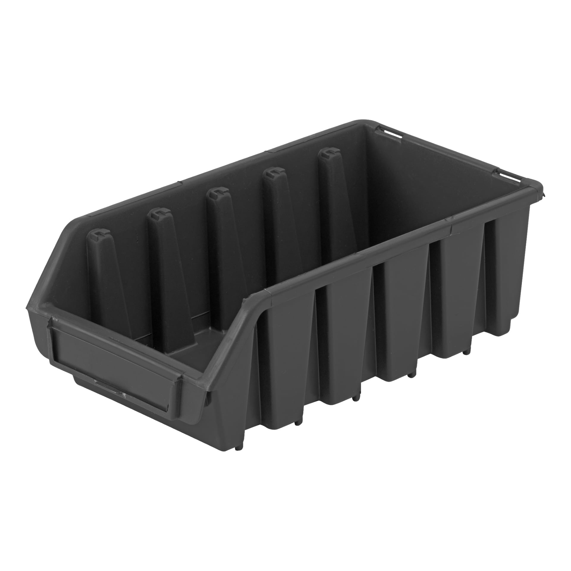 Czarne plastikowe pudełko Hard Head Assortment z pochylonym otworem z przodu, pięcioma wewnętrznymi przegrodami i uchwytami po każdej stronie do porządkowania drobnych przedmiotów lub narzędzi.