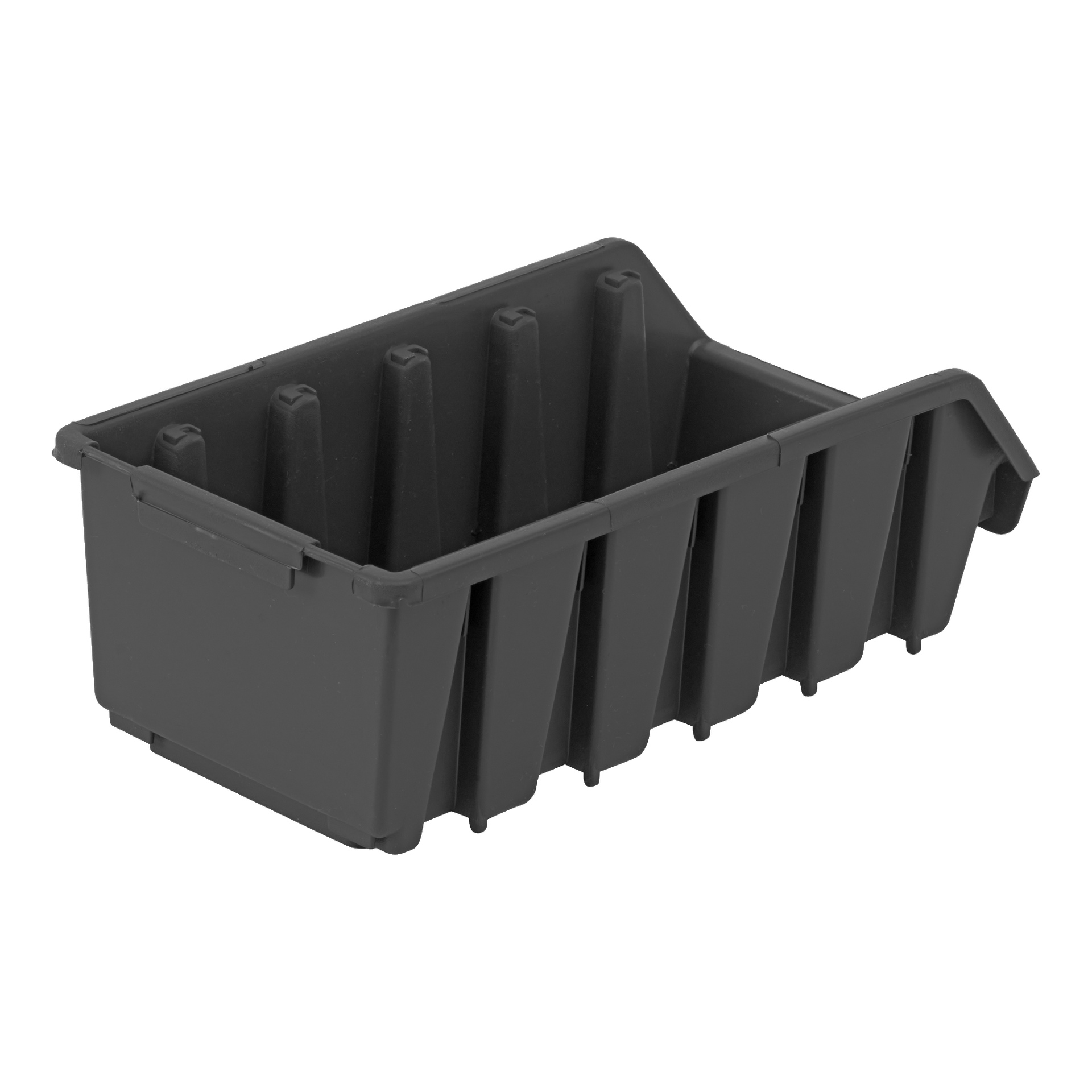 plastikowy pojemnik z żebrowanym zewnętrznym wykończeniem i otwartym dachem, przeznaczony do sortowania drobnych przedmiotów lub narzędzi. Jeden koniec ma wystające krawędź, która służy jako uchwyt do przenoszenia lub mocowania pojemnika.