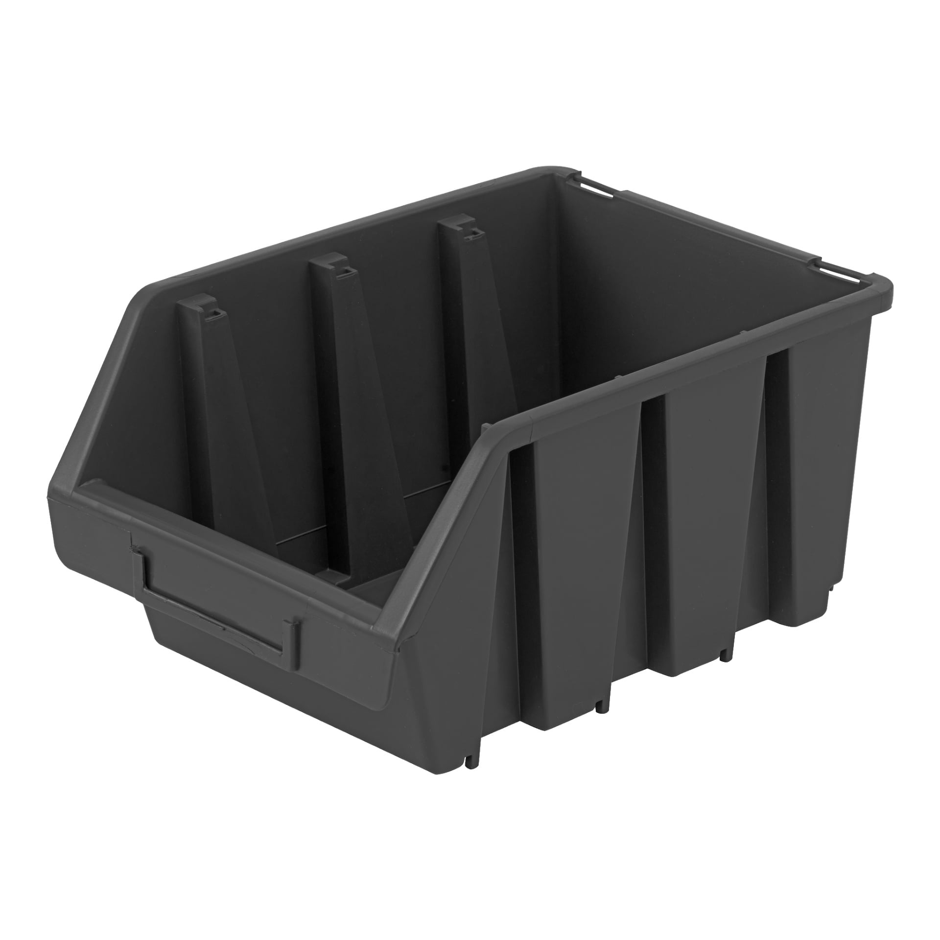 Musta muovinen Hard Head Assortment Box, jossa on vahvistettu reuna, avoin etuosa, uurrelliset sivut, sisäänrakennetut kahvat ja useita pystysuoria väliseinät sisällä tavaroiden järjestämistä varten. Laatikko on tyhjä.
