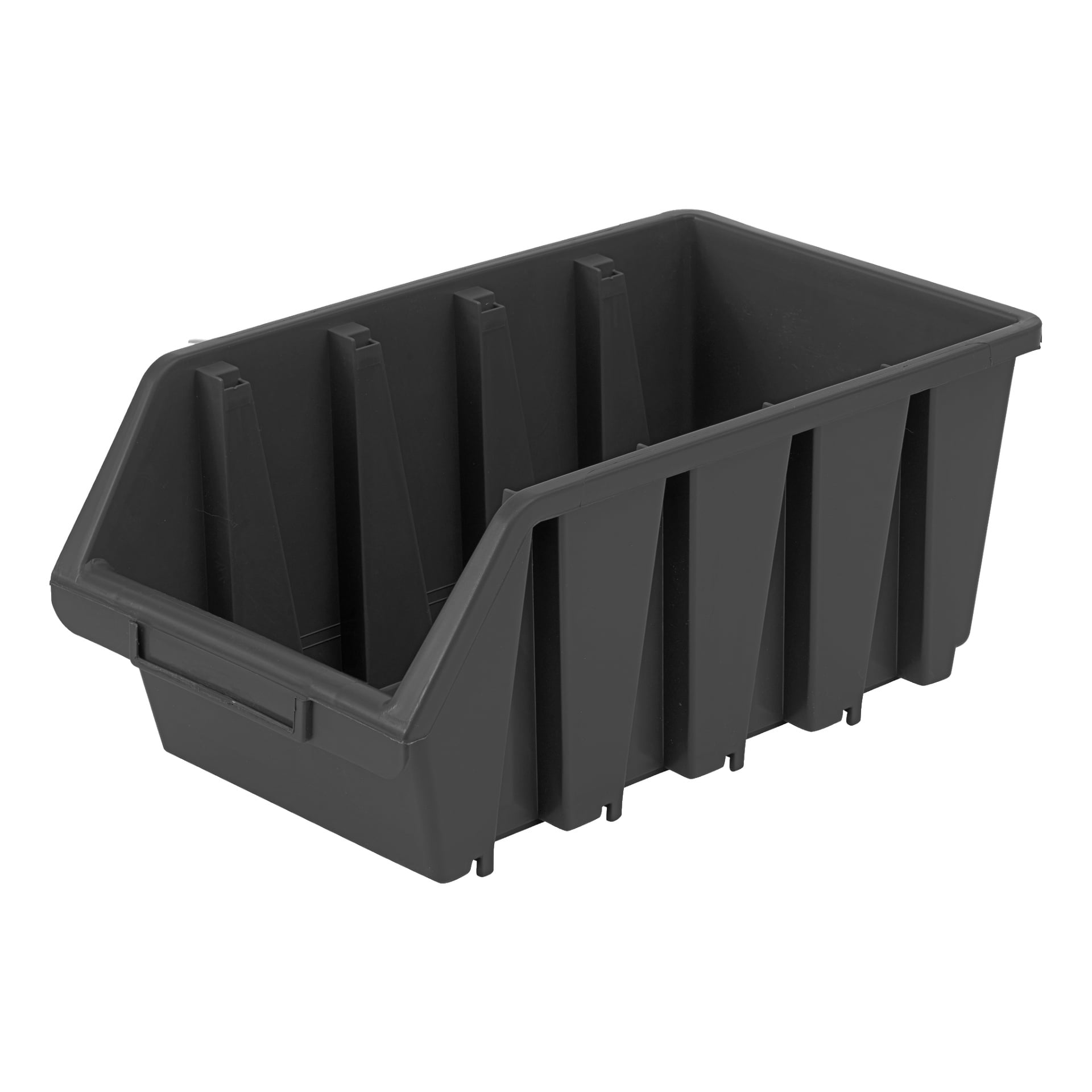 Czarne plastikowe pudełko Hard Head Assortment o prostokątnym kształcie, solidnych wzmocnionych bokach i skośnym, otwartym przodzie dla wygodnego dostępu, idealne do schludnego przechowywania lub organizowania drobnych przedmiotów.