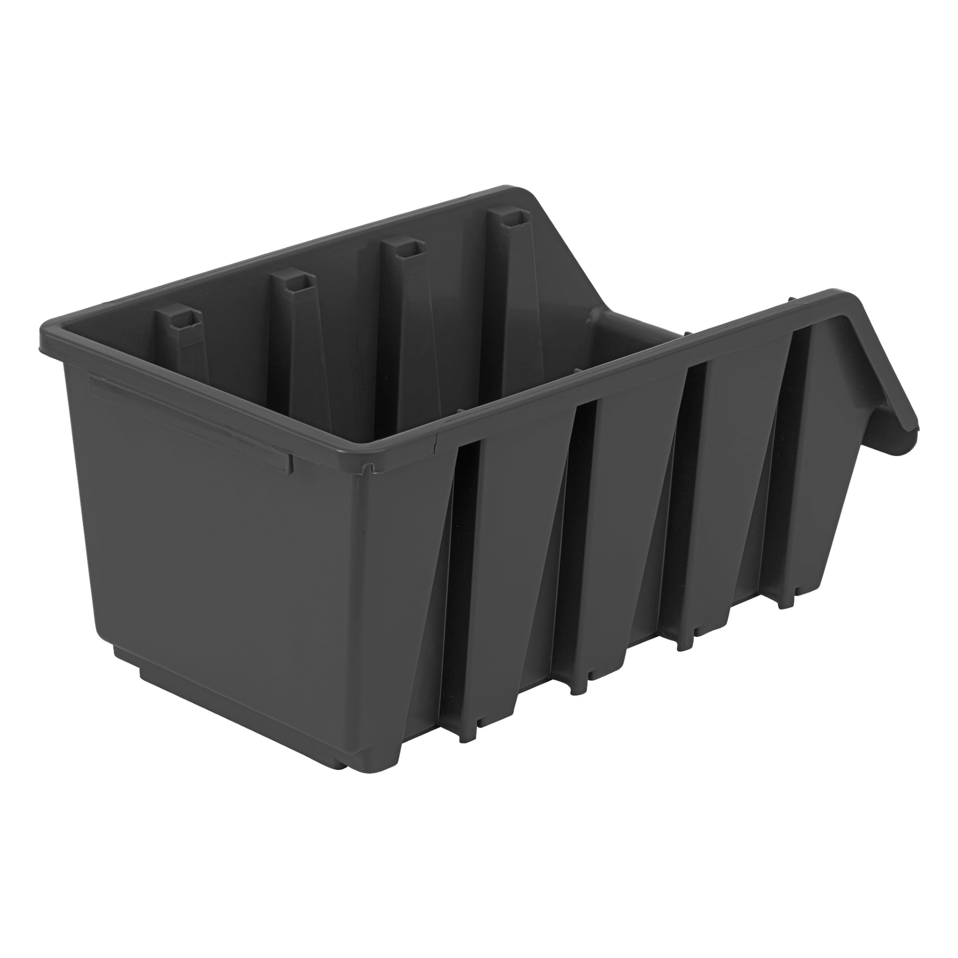 Czarne plastikowe pudełko Hard Head Assortment z pionowymi przegrodami i skośną przednią krawędzią, zaprojektowane do organizowania małych części lub narzędzi. Pudełko jest puste.