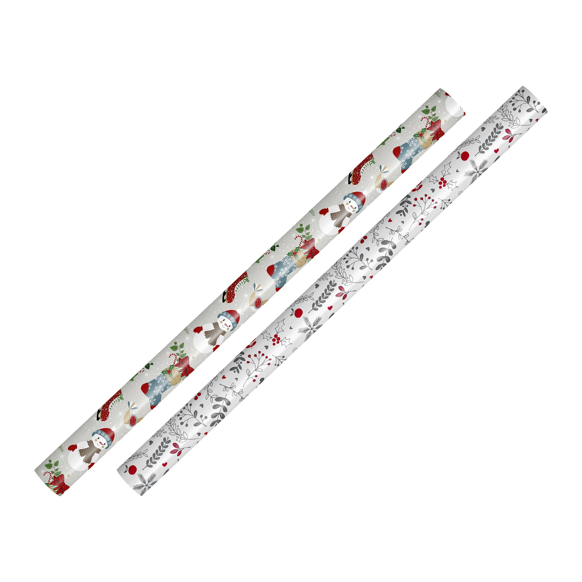 Två EKVIP julrullar är arrangerade diagonalt; Den ena är dekorerad med snögubbar, fåglar och järnek, medan den andra visar ett silver- och vitt blad- och bärmönster.