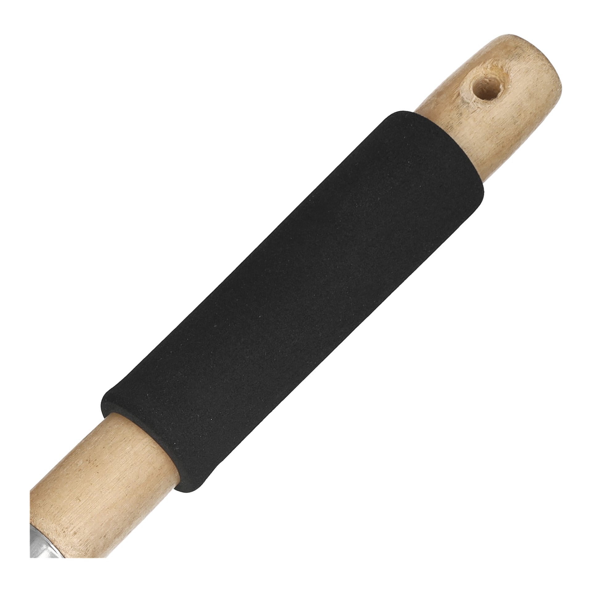 Ett handtag med hård huvudplantering med svart skumgrepp och ett hål i ena änden.