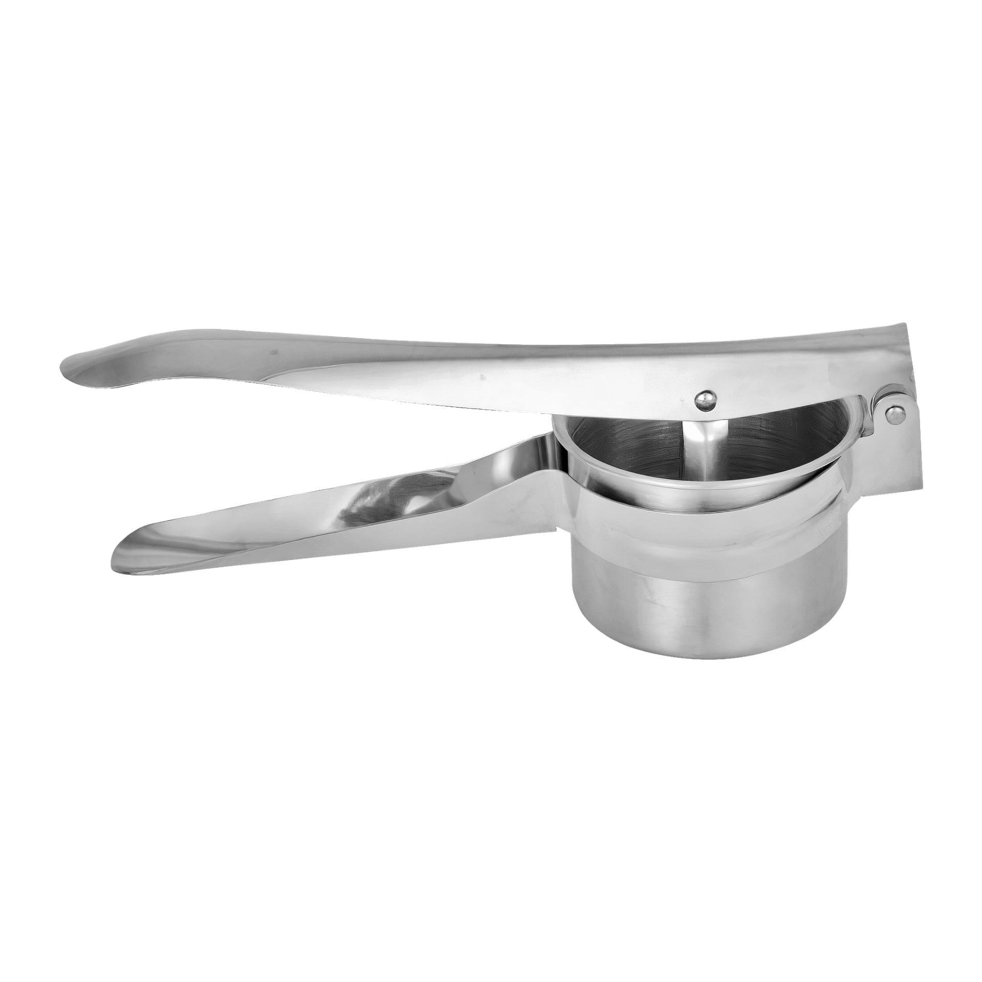 Menuett Potato Ricer har två öppna handtag i rostfritt stål som är kopplade till en perforerad kopp designad för potatismos eller grönsaker.