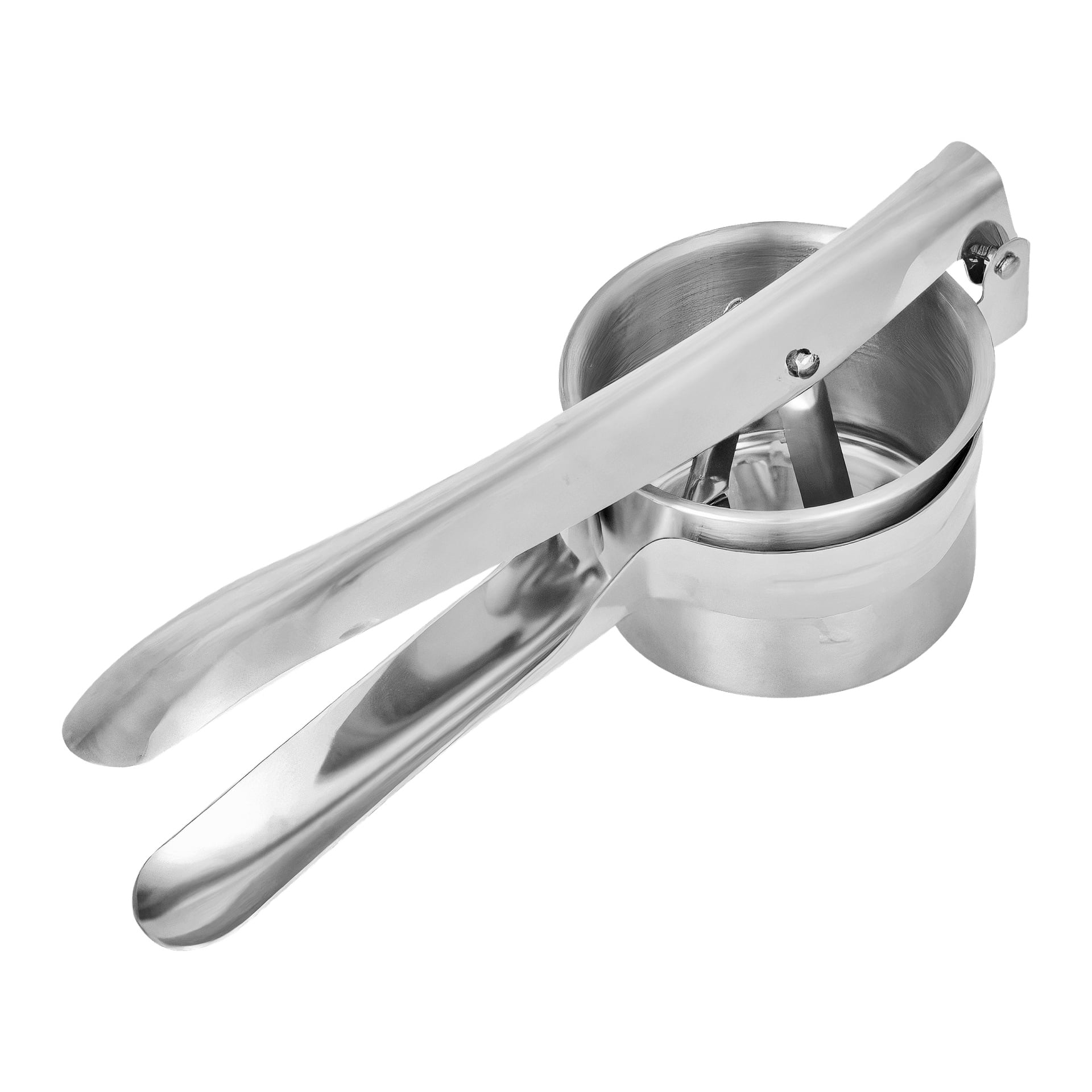 En rostfri potatisgrill från Menuett med förlängda handtag och en rund pressskål, lämplig för potatis och andra grönsaker. Ricer-maskinen verkar öppen, vinklad för att ge klar sikt över sin design.