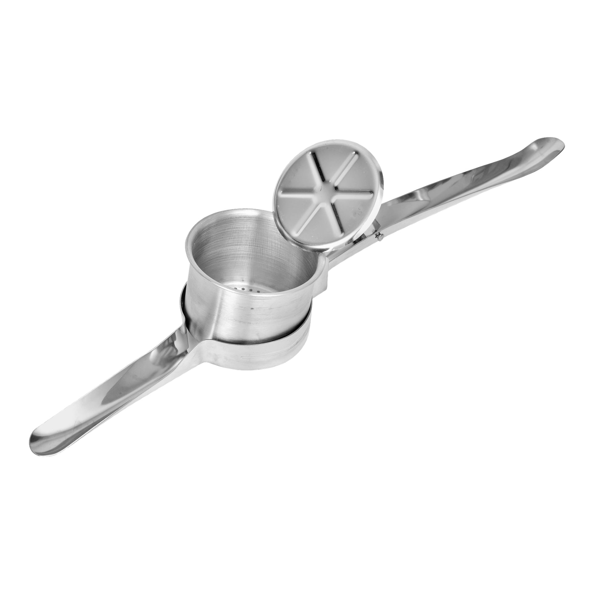 Menuett Potato Ricer är tillverkad av rostfritt stål, med en cylindrisk kammare, en gångjärnsförsedd perforerad pressplatta och två förlängda handtag för förbättrad hävstång.