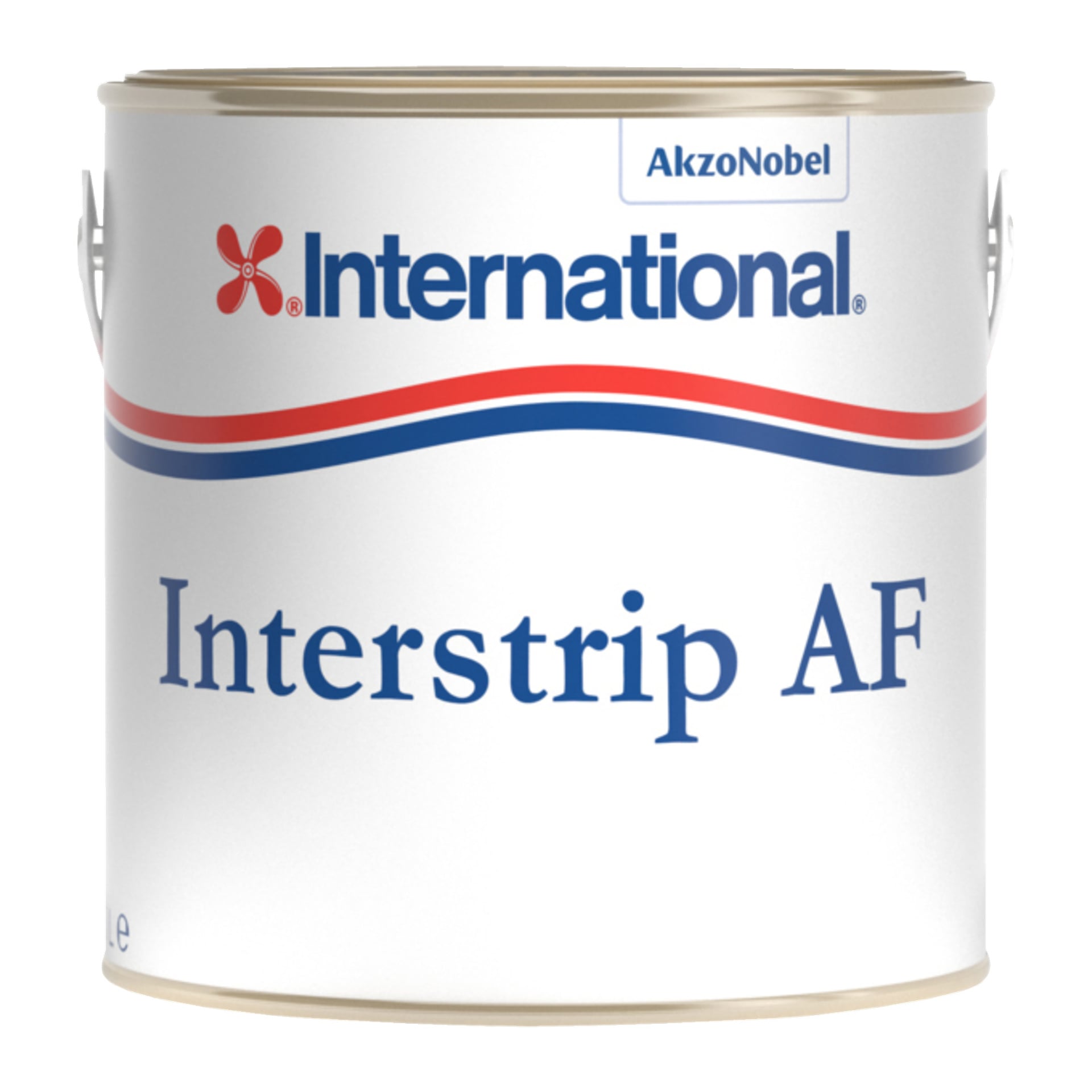 Purkki Interstrip AF -veneen maalinpoistoainetta Internationalilta, jossa on valkoinen etiketti, jota korostavat siniset ja punaiset viivat sekä AkzoNobelin logo ylhäällä.