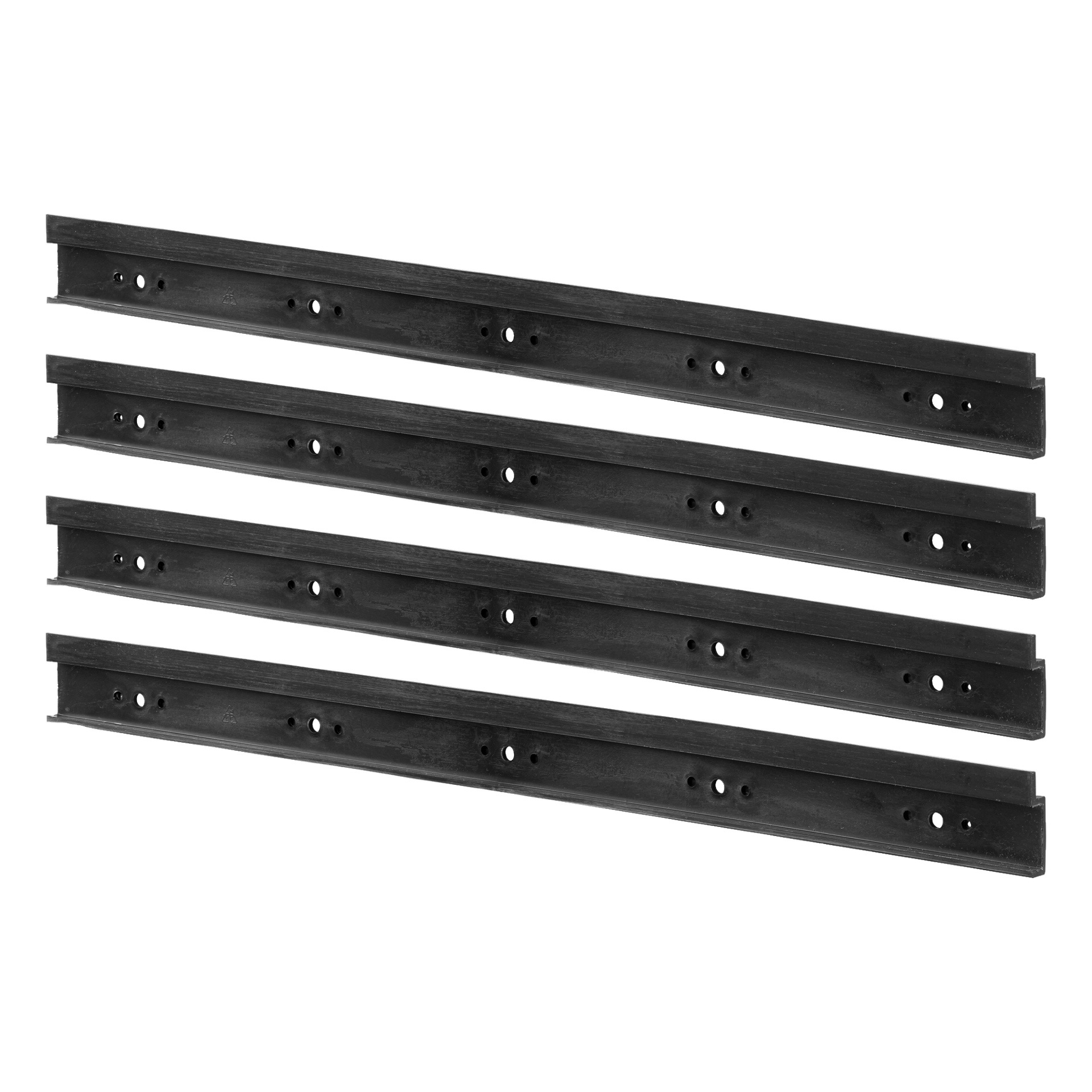 Cztery identyczne czarne plastikowe szyny nośne w kształcie litery L z zestawu Hard Head Set of Assortment Boxes 20 są ułożone równolegle, poziome rzędy. Każda proga ma kilka okrągłych otworów montażowych równomiernie rozmieszczonych wzdłuż jednej płaskiej strony.