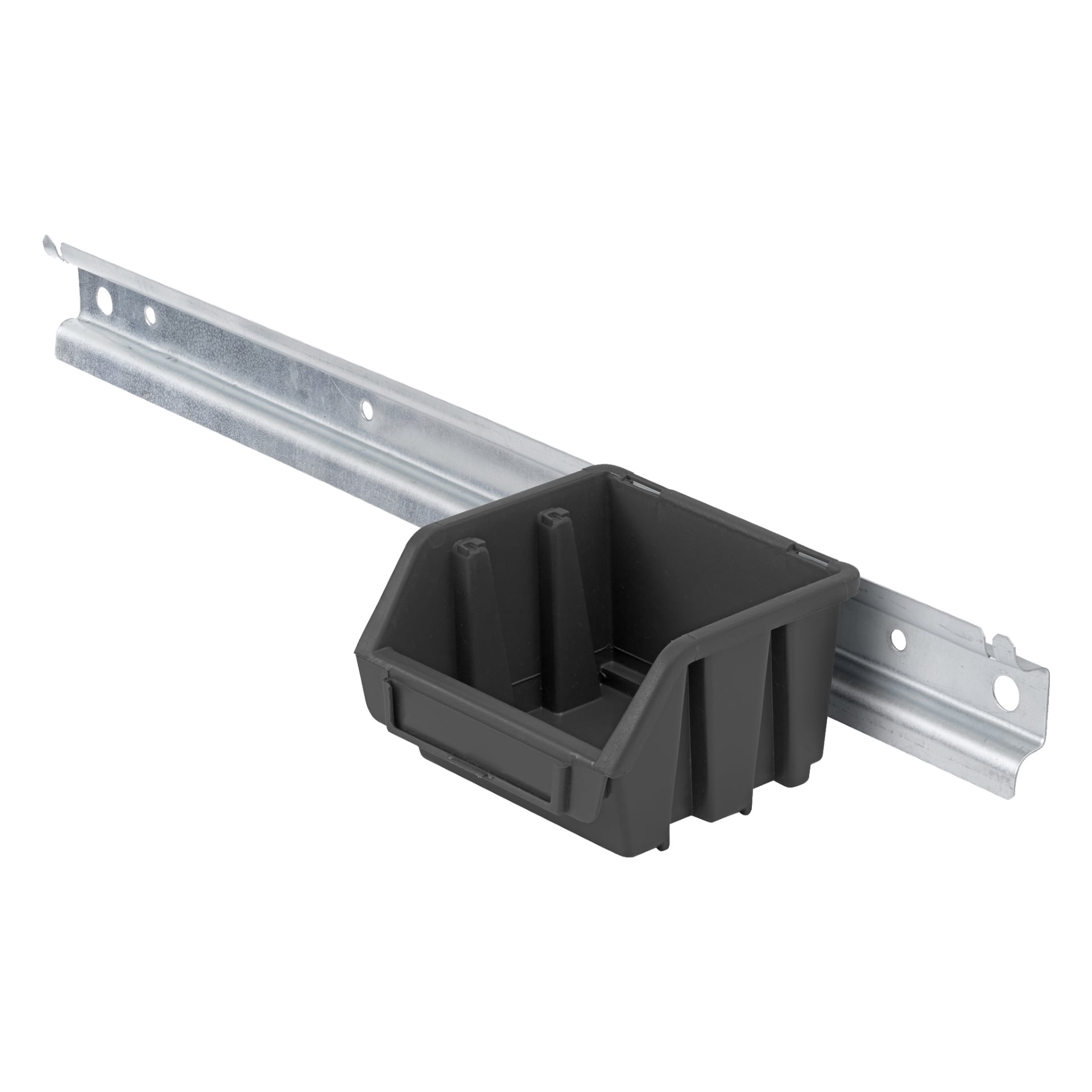 Czarne plastikowe pudełko Hard Head Assortment jest zamontowane na metalowej szynie z otworami, ustawione poziomo, co pozwala na przesuwanie lub zawieszenie pudełka wzdłuż systemu szynek.