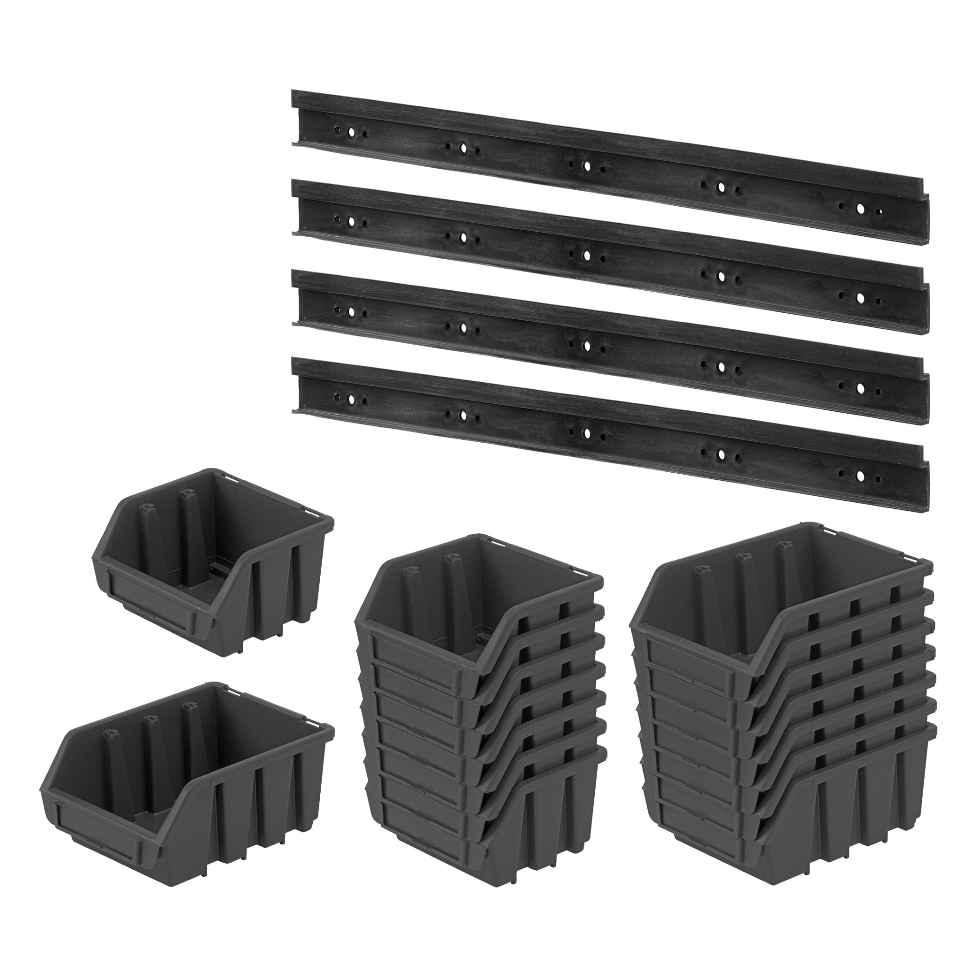 Pokazano dwadzieścia czarnych plastikowych pojemników z "Set of assortment boxes 20 pieces" firmy Hard Head, wraz z czterema czarnymi szynami montażowymi. Pojemniki są zorganizowane w trzy stosy po pięć, podczas gdy pozostałe pięć stoi osobno po lewej stronie.