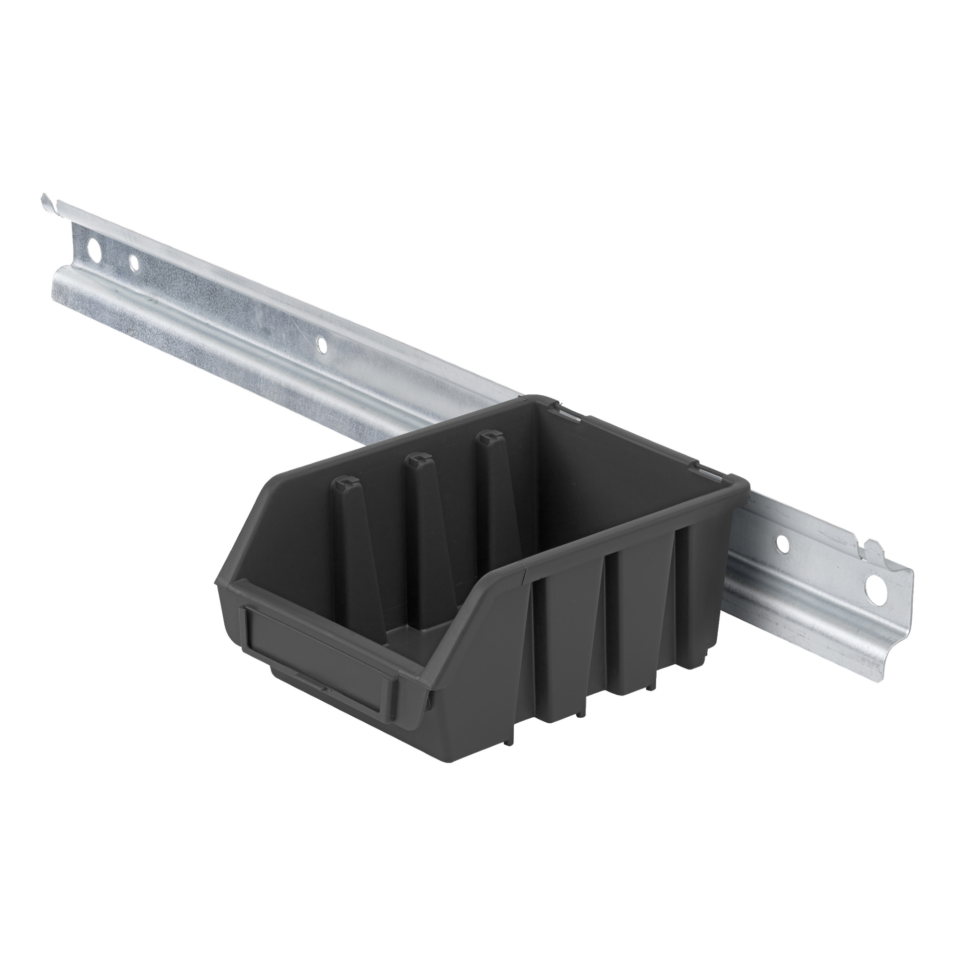 En svart plast Hard Head Assortment-boks er festet til en metallskinne med flere hull for montering, designet for å organisere små gjenstander.