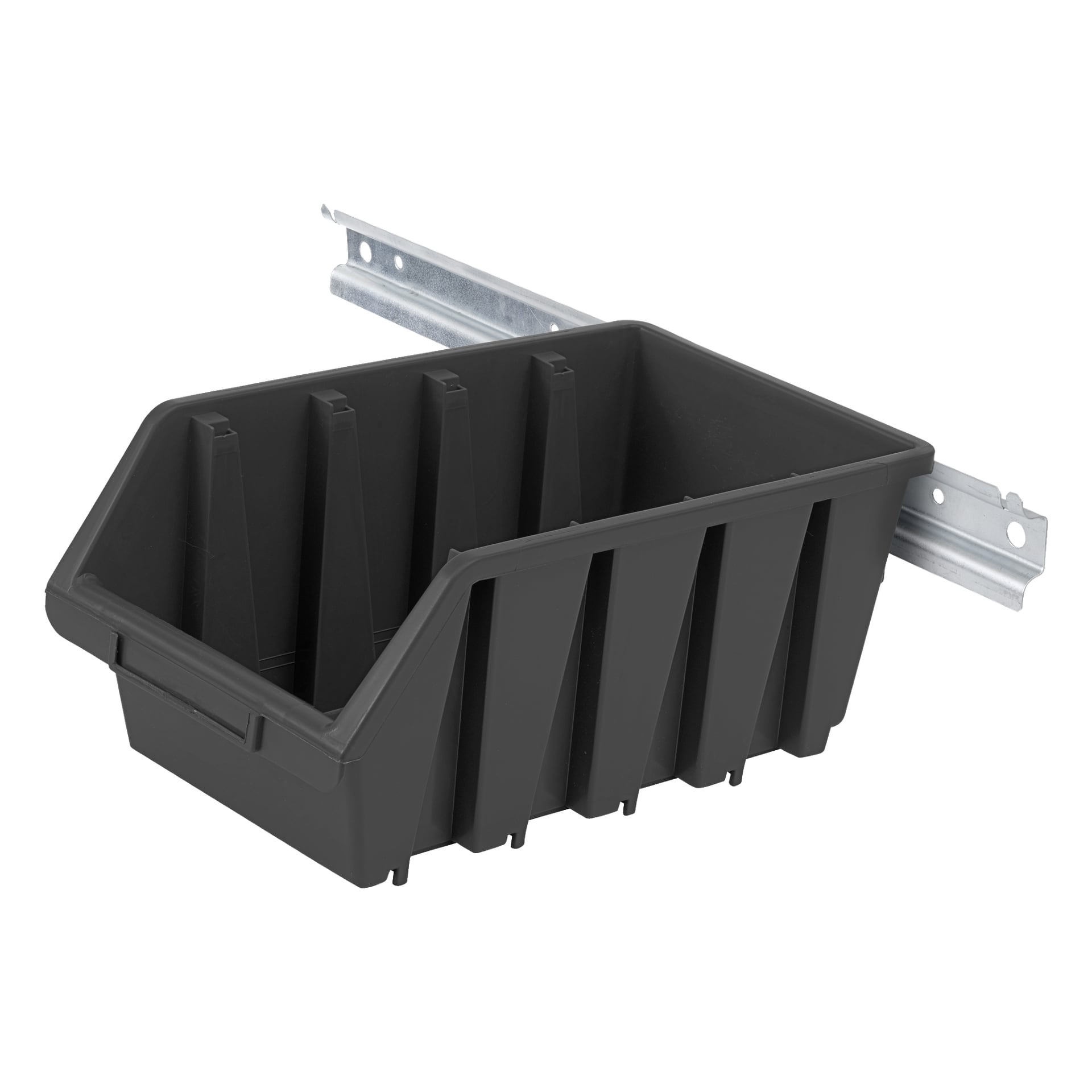 Czarne plastikowe pudełko Hard Head Assortment z pionowymi przegrodami jest zamontowane na poziomym metalowym wsporniku szynowym.