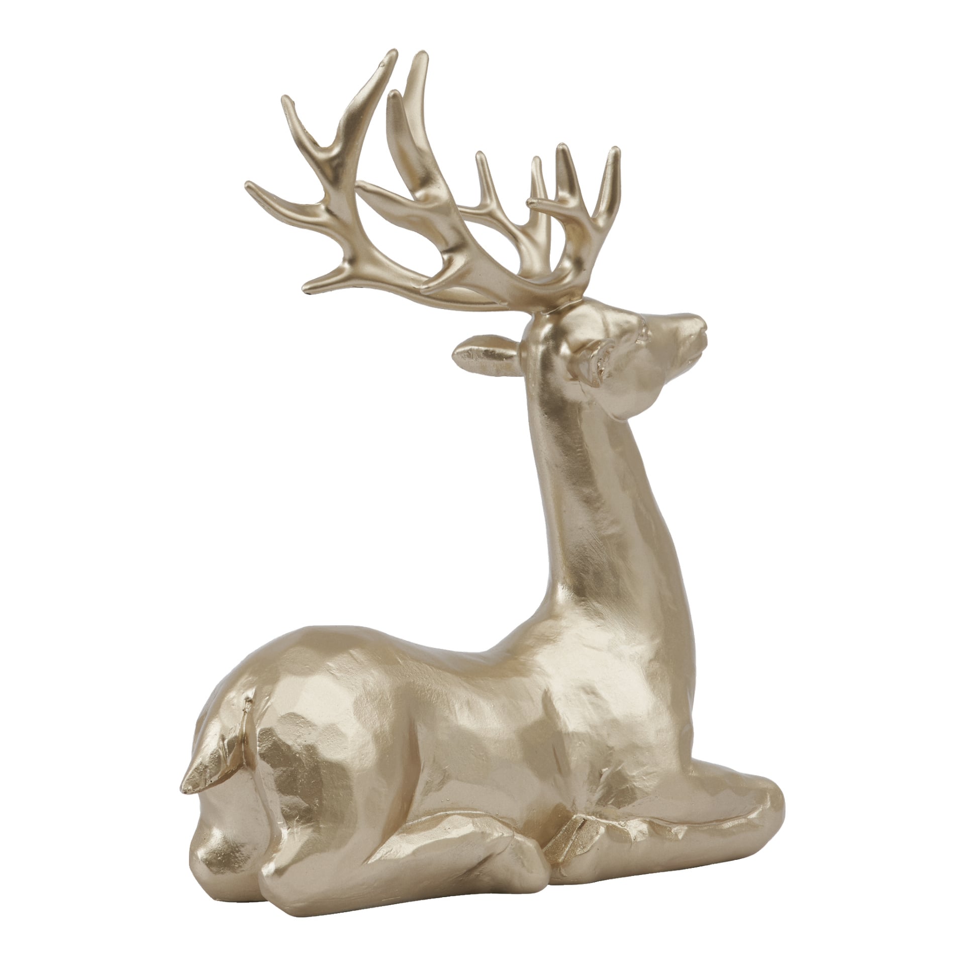 EKVIP Liggande hjort är en metallisk guldskulptur med stora horn, visad i profil. Dess yta är lätt fasetterad och texturerad.