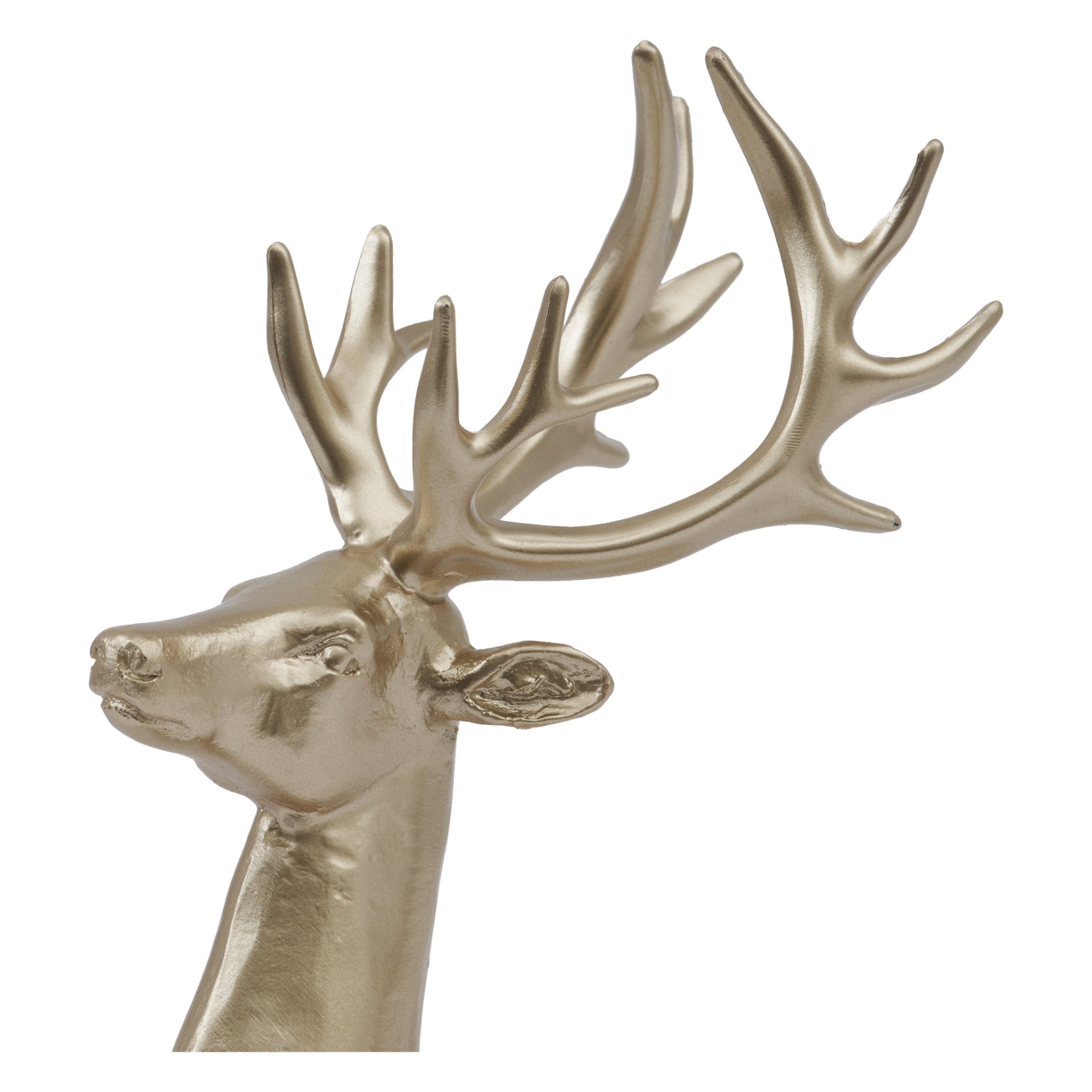 EKVIP Lying Deer visar en guldfärgad skulptur av ett rådjurshuvud och hals med detaljerade horn, vänd åt vänster.