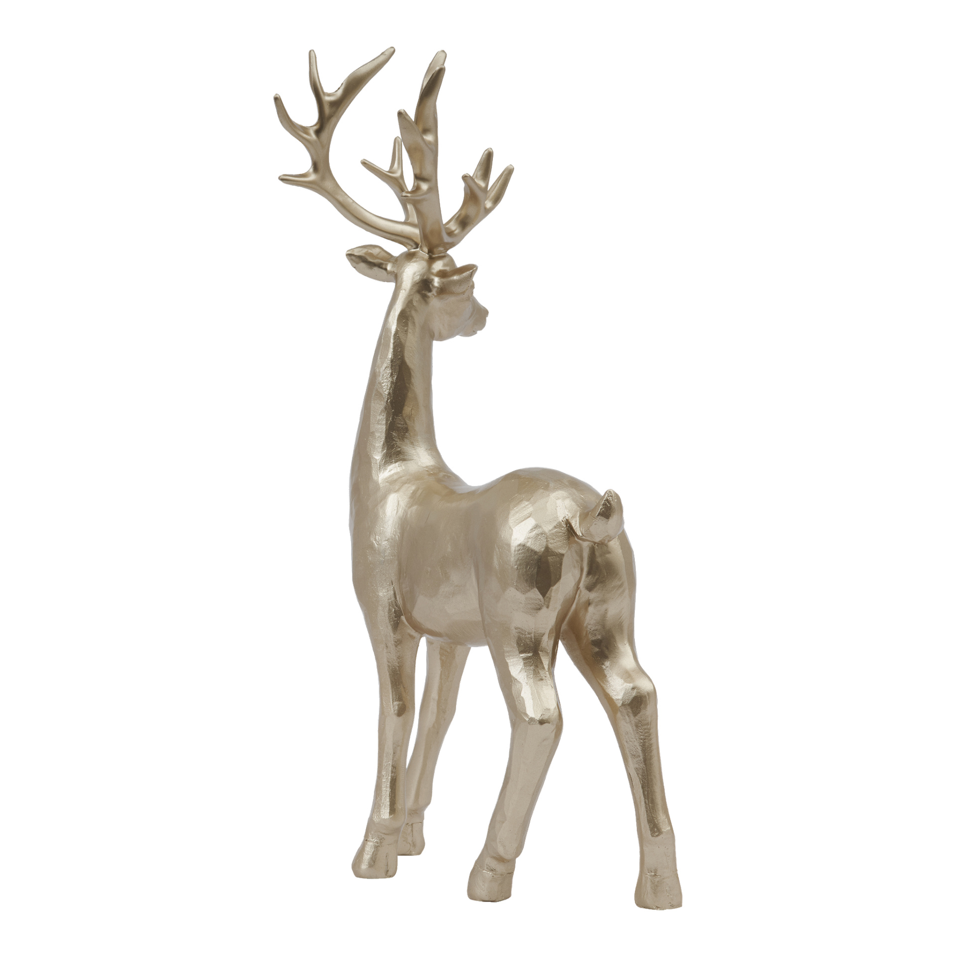 EKVIP Standing Deer visas i en glänsande metallisk guldfärg, sedd från sidan och något bakifrån, med sina stora horn och facetterade yta.