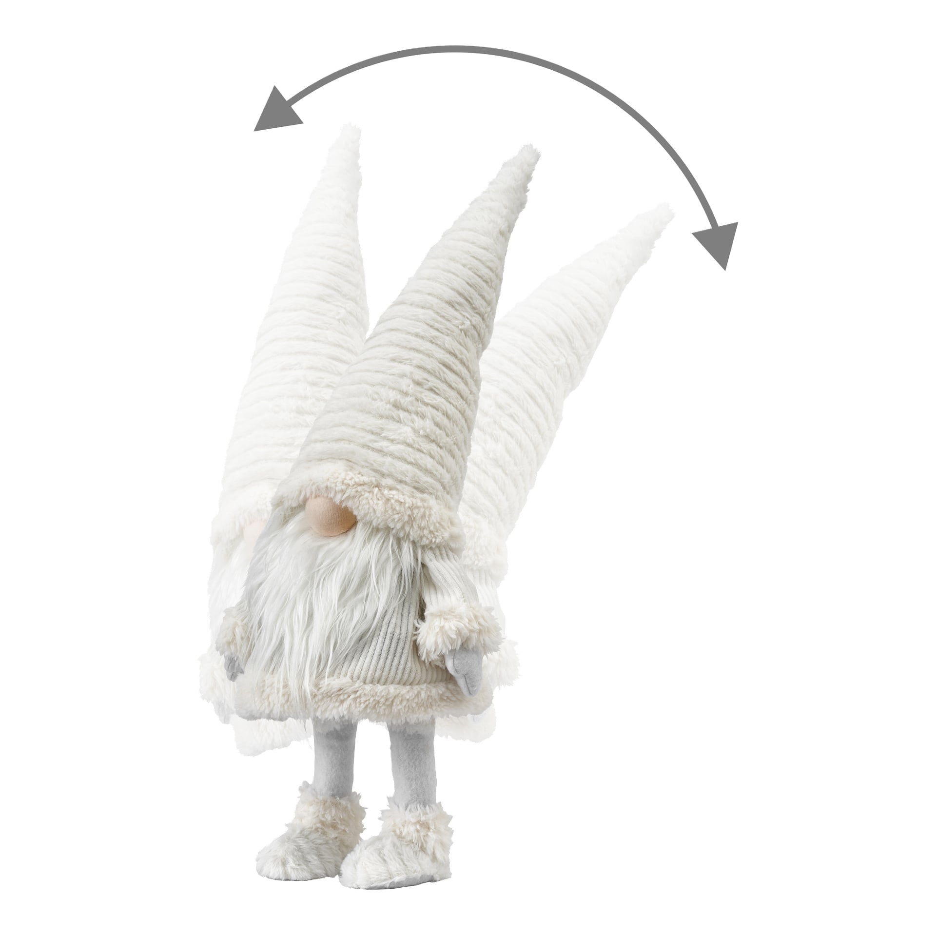 En mjuk EKVIP Wobbling Santa med en hög, spetsig vit hatt och ett fluffigt vitt skägg. En pil ovanför hatten indikerar att den flexibla hatten kan böjas eller justeras i olika positioner.