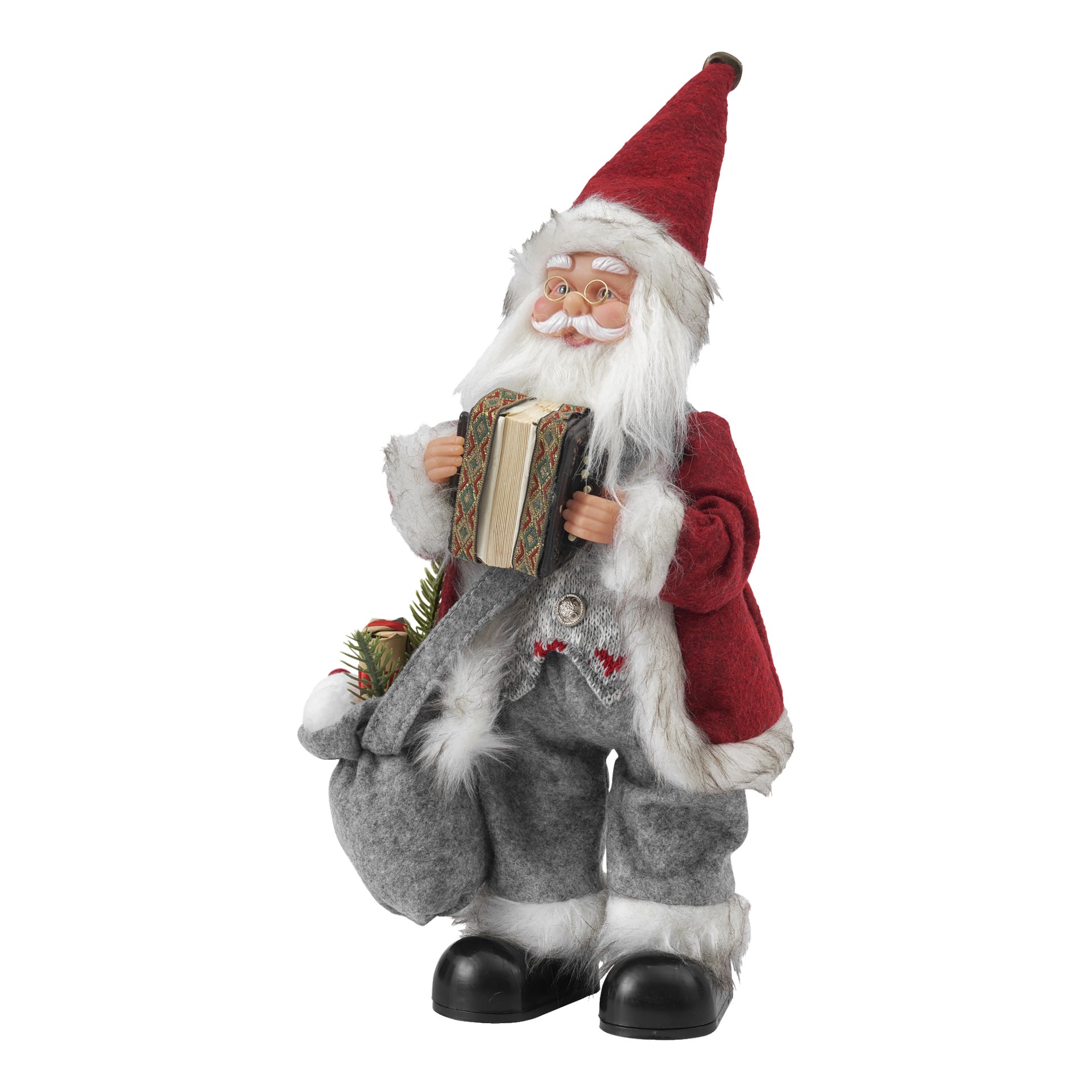 Jultomten är klädd i en röd hatt och rock, står upprätt medan han spelar dragspel. Han bär en grå säck fylld med gåvor och grönsaker slängd över ena axeln. Tomten har vitt hår, skägg och glasögon.