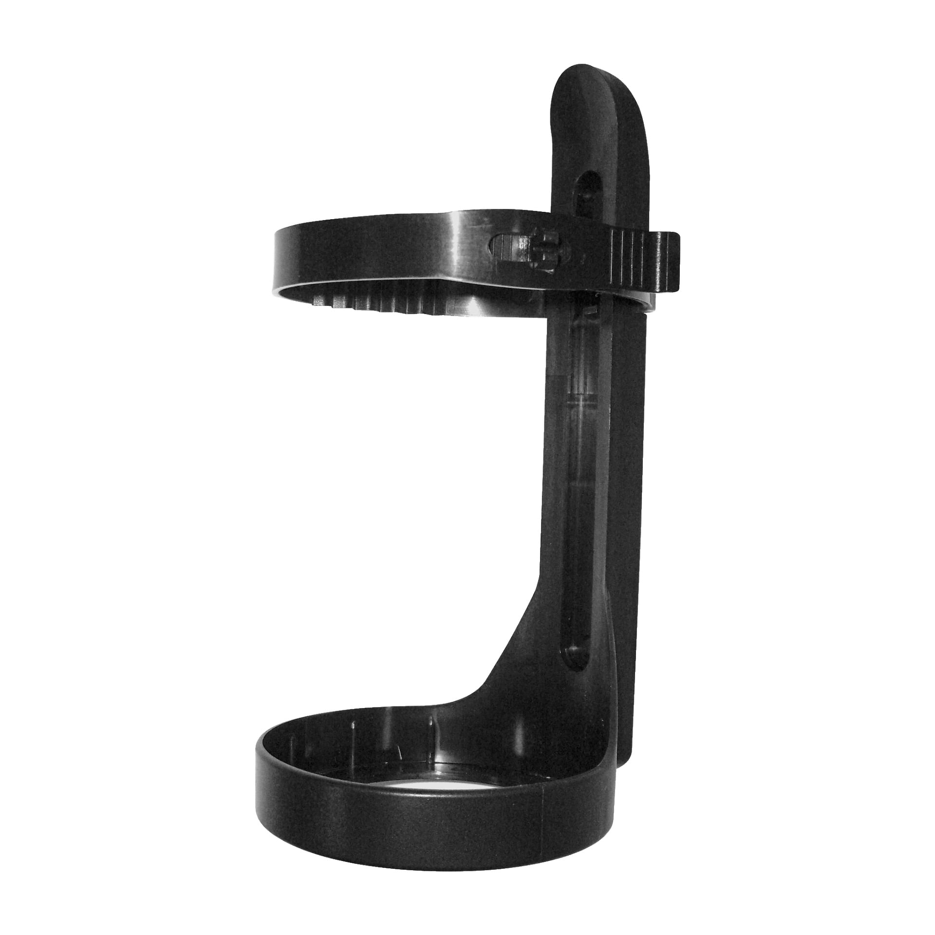 En svart OSEC brandsläckarhållare i plast med rund bas och övre ring för att hålla släckaren på plats, plus en vertikal sektion för montering på en yta.