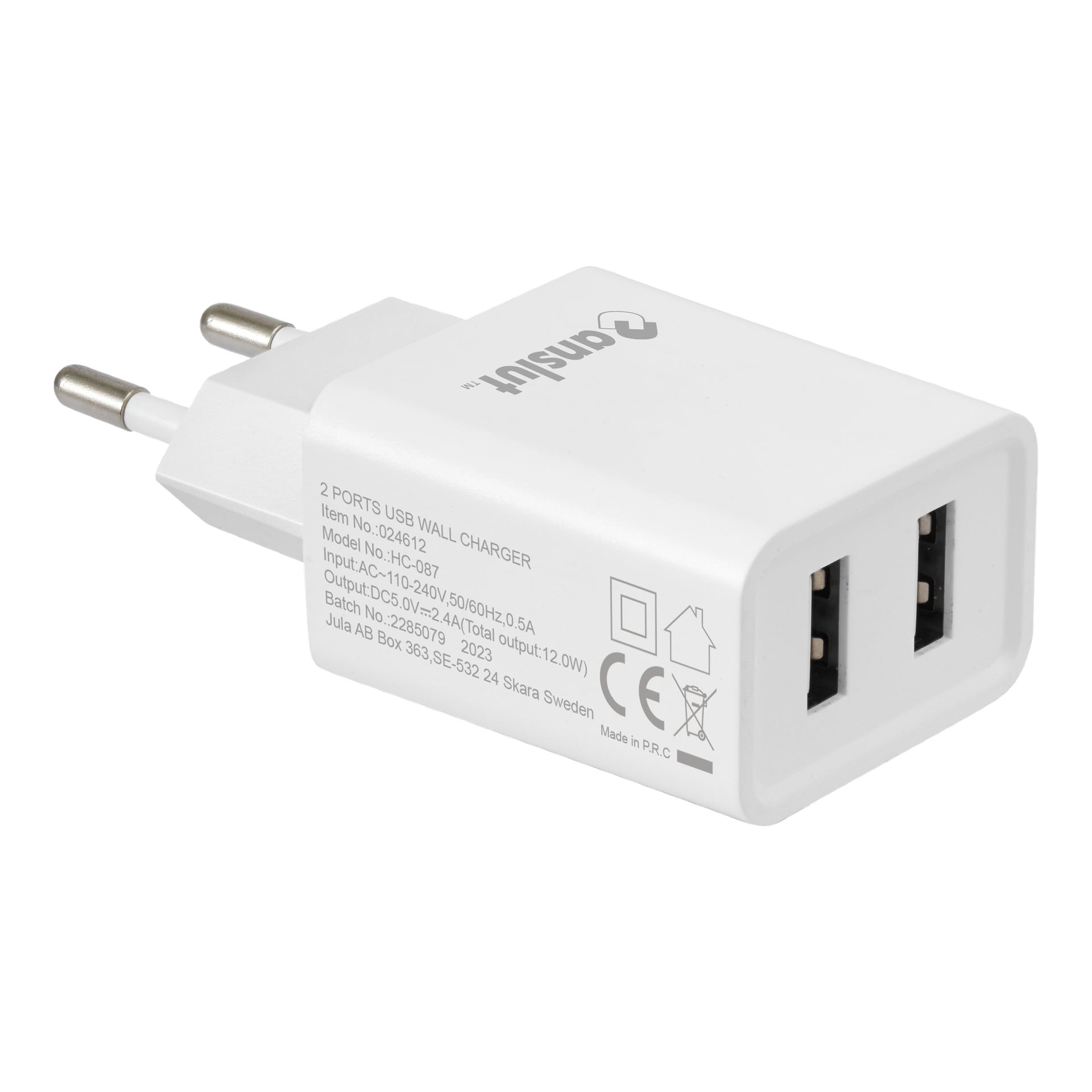 Das Anslut Charger ist ein weißes USB-Wandladegerät mit zwei Anschlüssen und europäischen Steckerstiften. Es wird schräg dargestellt und zeigt Marken- und technische Spezifikationen wie Eingang: 100-240V~50/60Hz, Ausgang: 5V⎓2,1A und das Anslut-Logo.