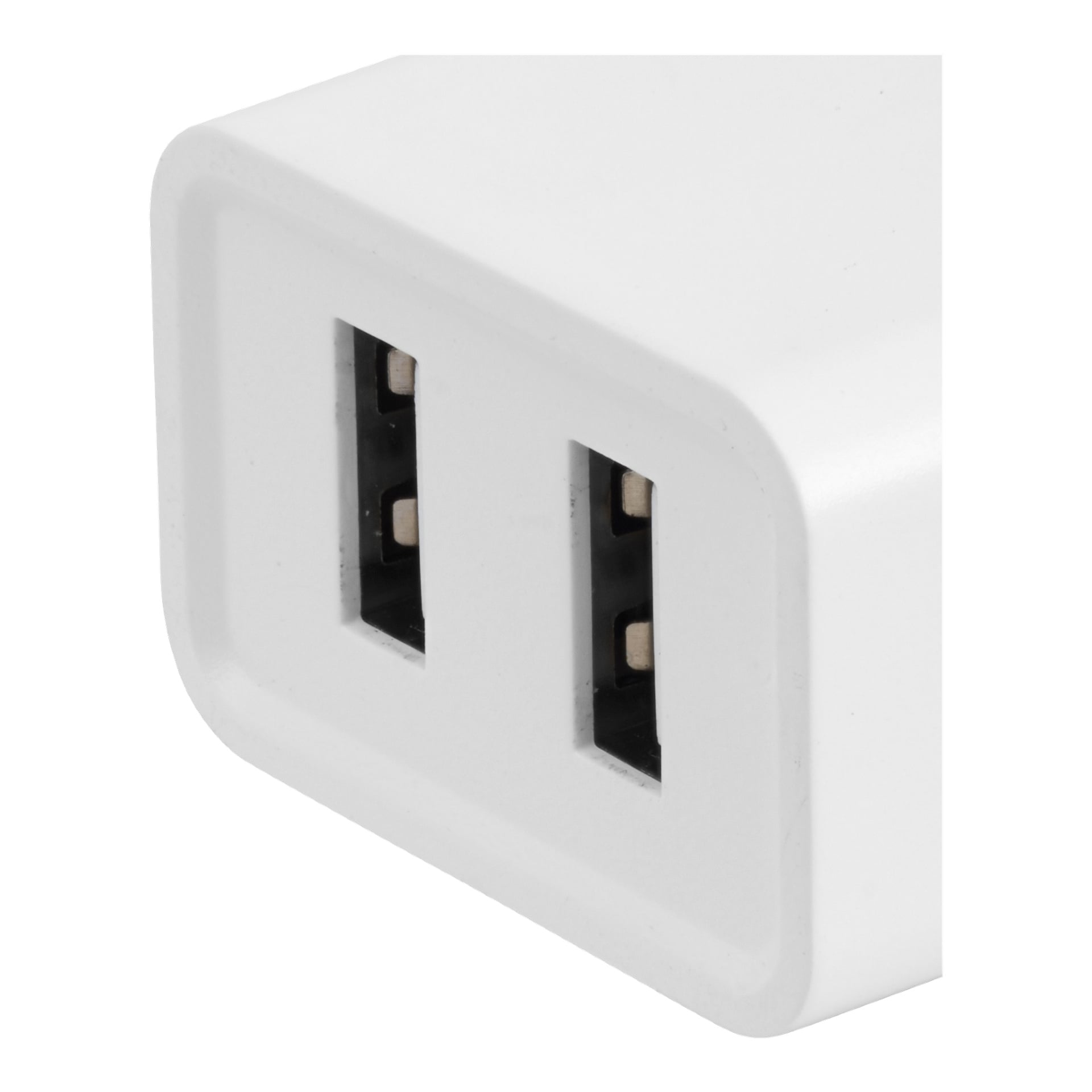 Nahaufnahme des Anslut Chargers, mit einem weißen rechteckigen Design mit zwei USB-Anschlüssen und freiliegenden Metallanschlüssen. Das Gerät hat eine glatte, matte Oberfläche für einen stilvollen Look.