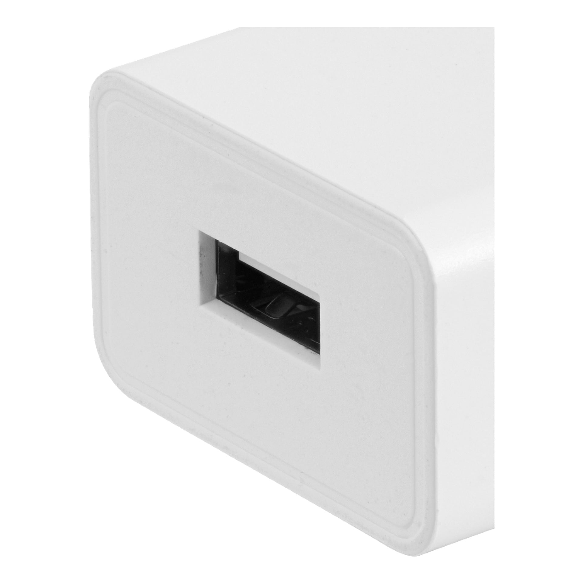 Närbild av Anslut Chargers framsida, med en enda rektangulär USB-A-port inbäddad i dess vita plasthölje.