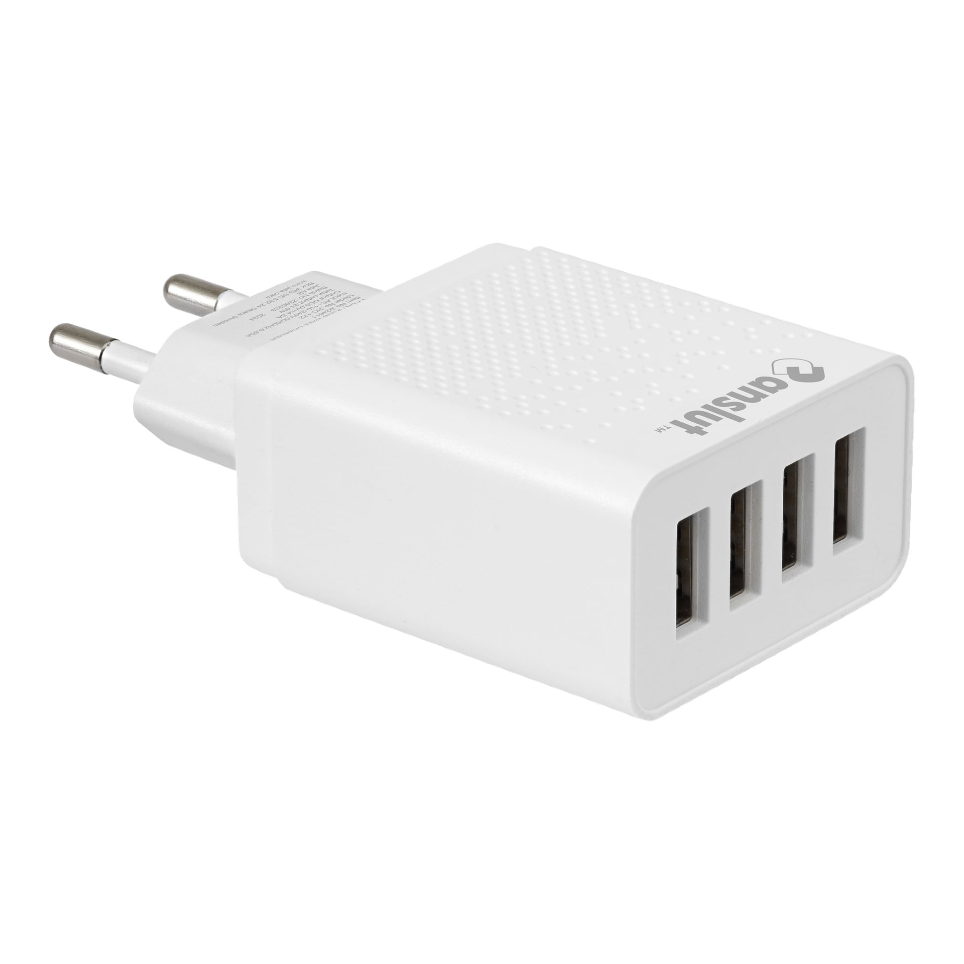 Anslut Charger är en vit USB-adapter med fyra portar, två runda klor, en texturerad finish och logotypen Anslut på sidan.