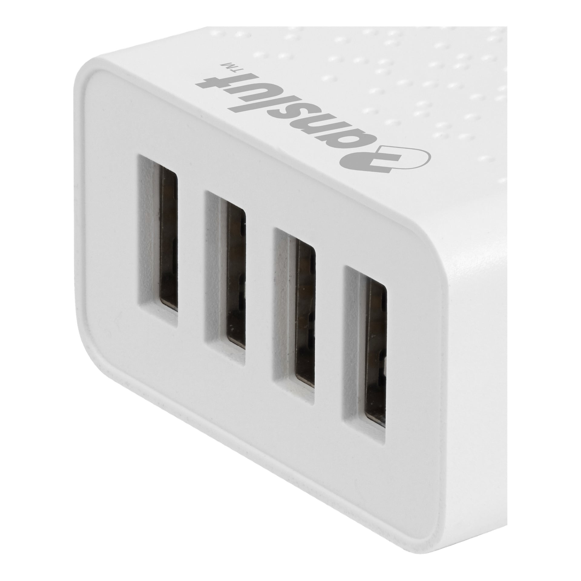 En närbild på en vit laddare med fyra USB-portar och Anslut utskriven ovanpå.