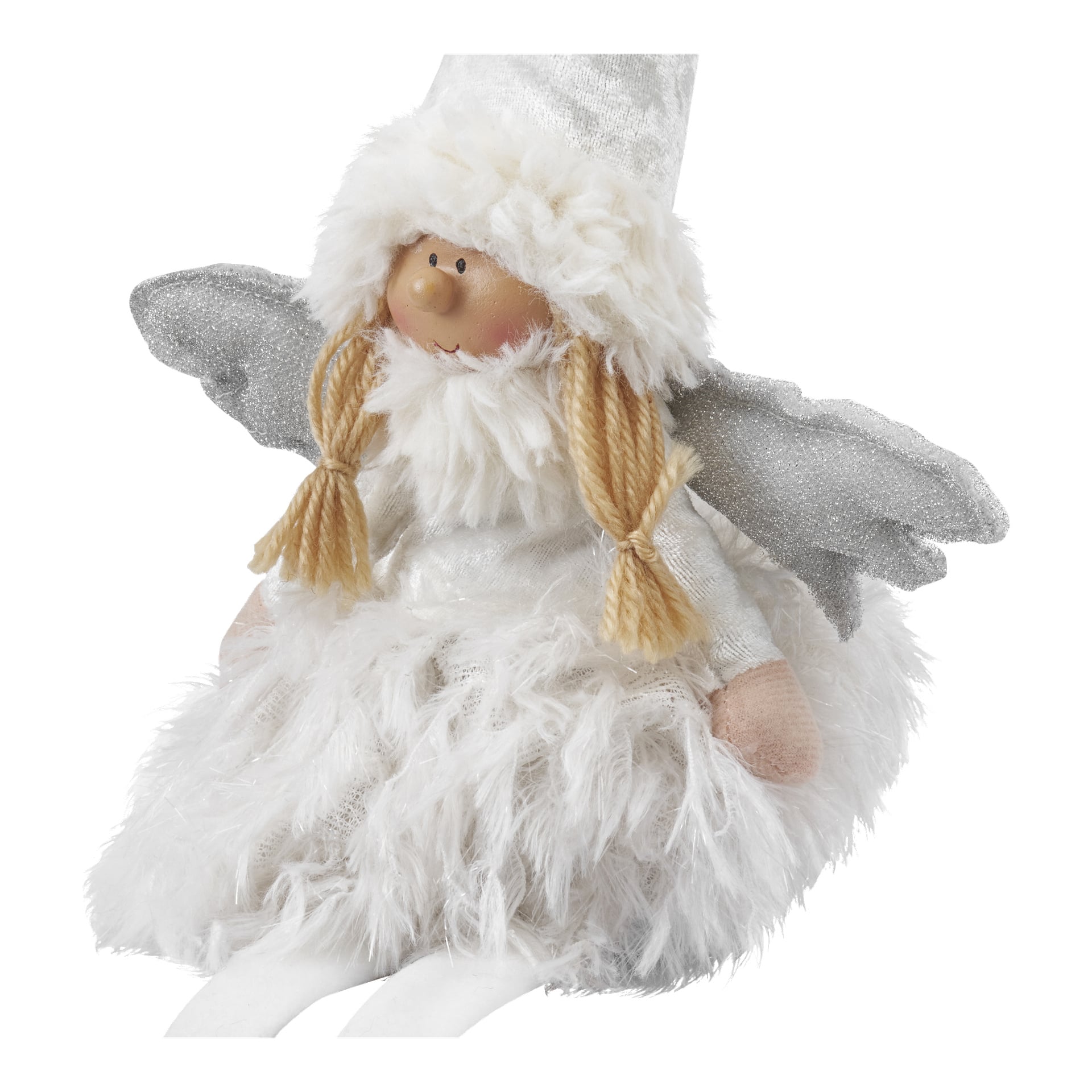 EKVIP Julängel med hängande ben har flätat blont garnhår, silvervingar, en vit fluffig klänning och matchande hatt, rosiga kinder och sitter med utsträckta vita ben.