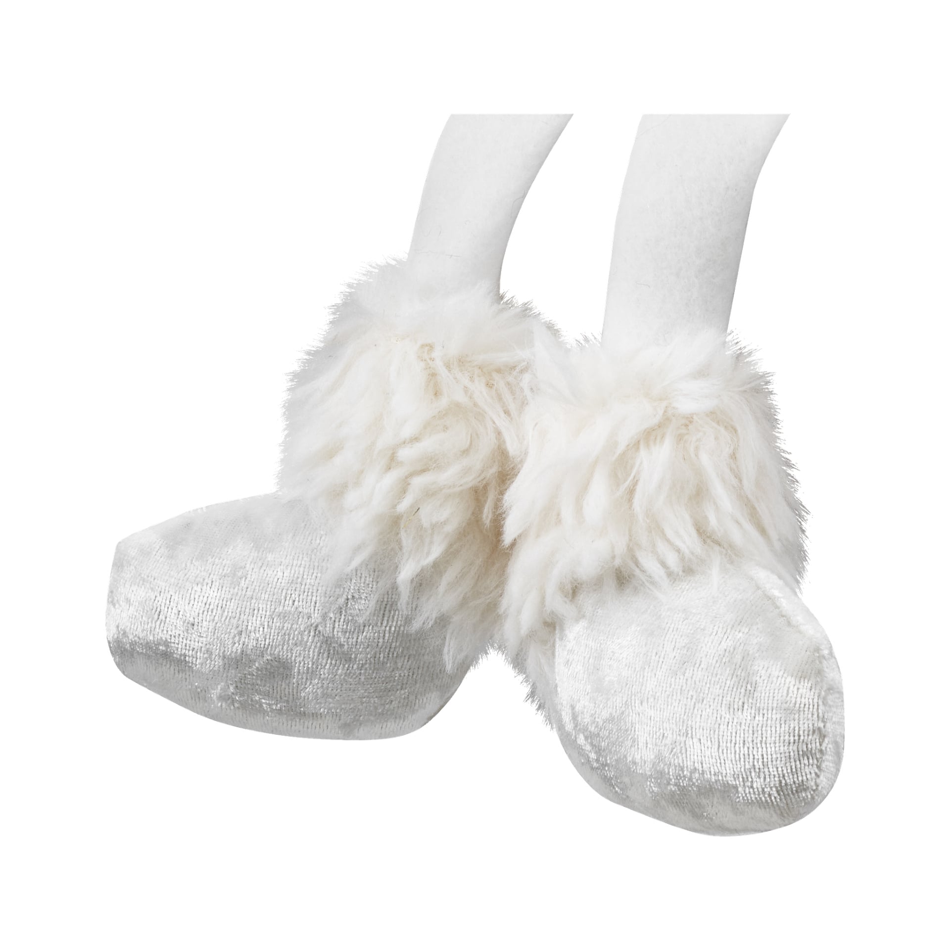 Två mjuka fötter av julängeln med hängande ben från EKVIP i blankt silvertyg och fluffiga vita fuskpälsmanschetter. Endast underbenen och fötterna syns.