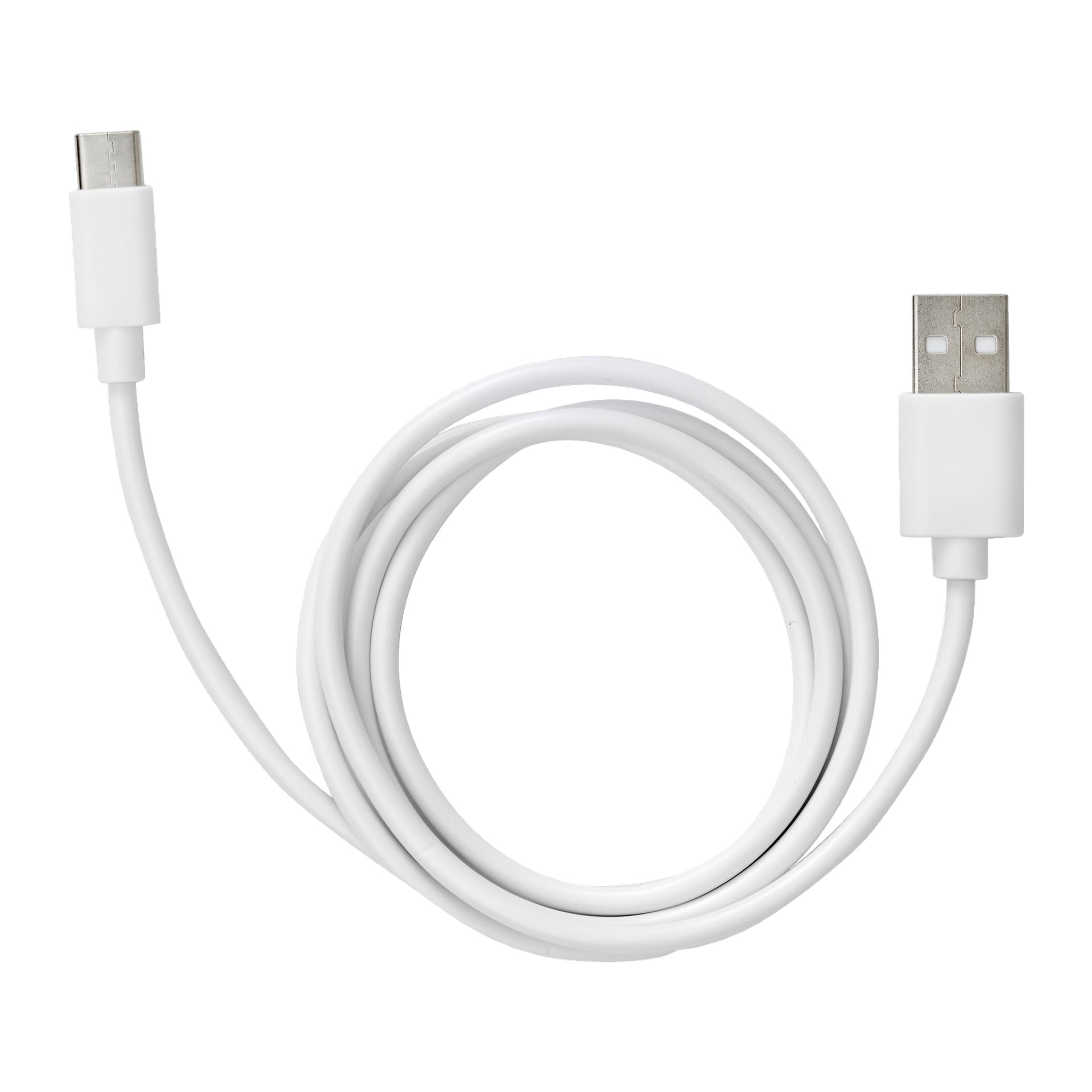 Anslut Charger-kabel USB-C med en vit spiralformad design, med en USB-A-kontakt i ena änden och en USB-C-kontakt i den andra.