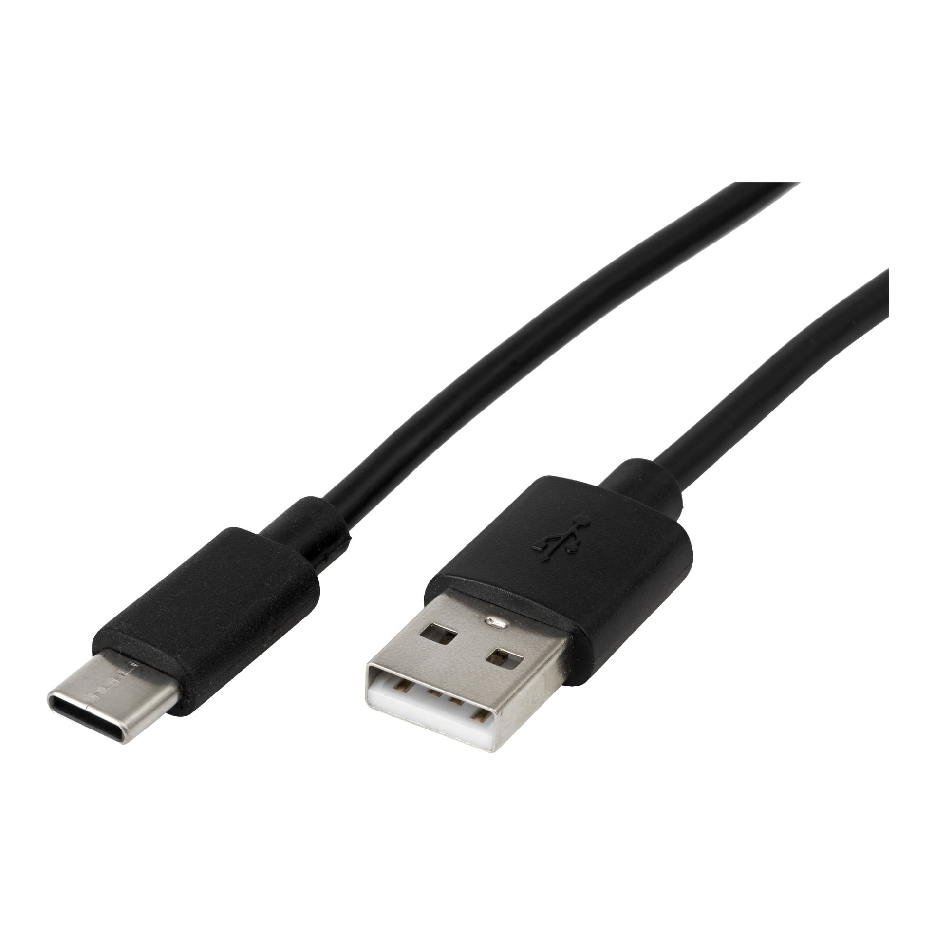 Anslut Charger-kabelen USB C er en svart kabel med en USB Type-A-kontakt i den ene enden og en USB Type-C-kontakt i den andre.