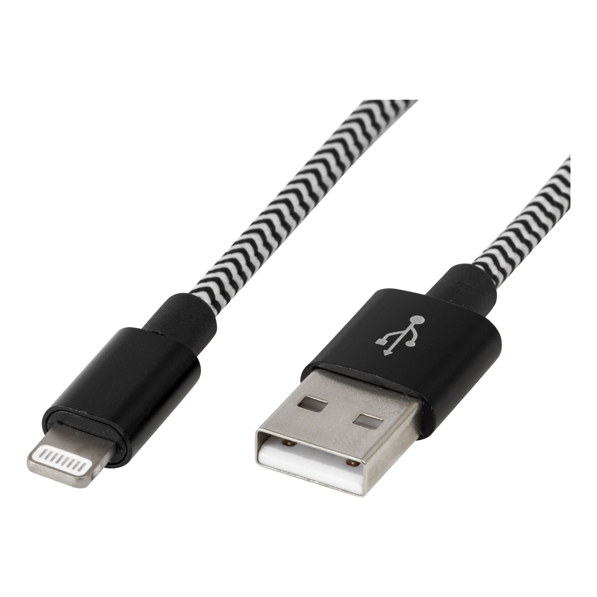 Das Anslut Charger Kabel Lightning verfügt über ein schwarz-weißes Chevron-Muster, mit USB-A an einem Ende und Lightning am anderen Ende.