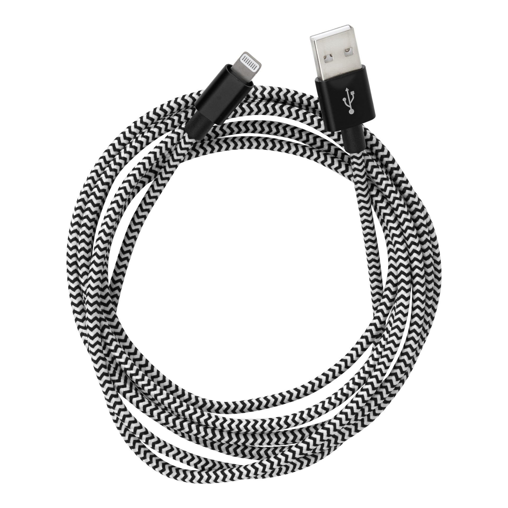 Ein Charger Cable Lightning von Anslut mit einem schwarz-weiß geflochtenen Design ist in einem Kreis gewickelt.