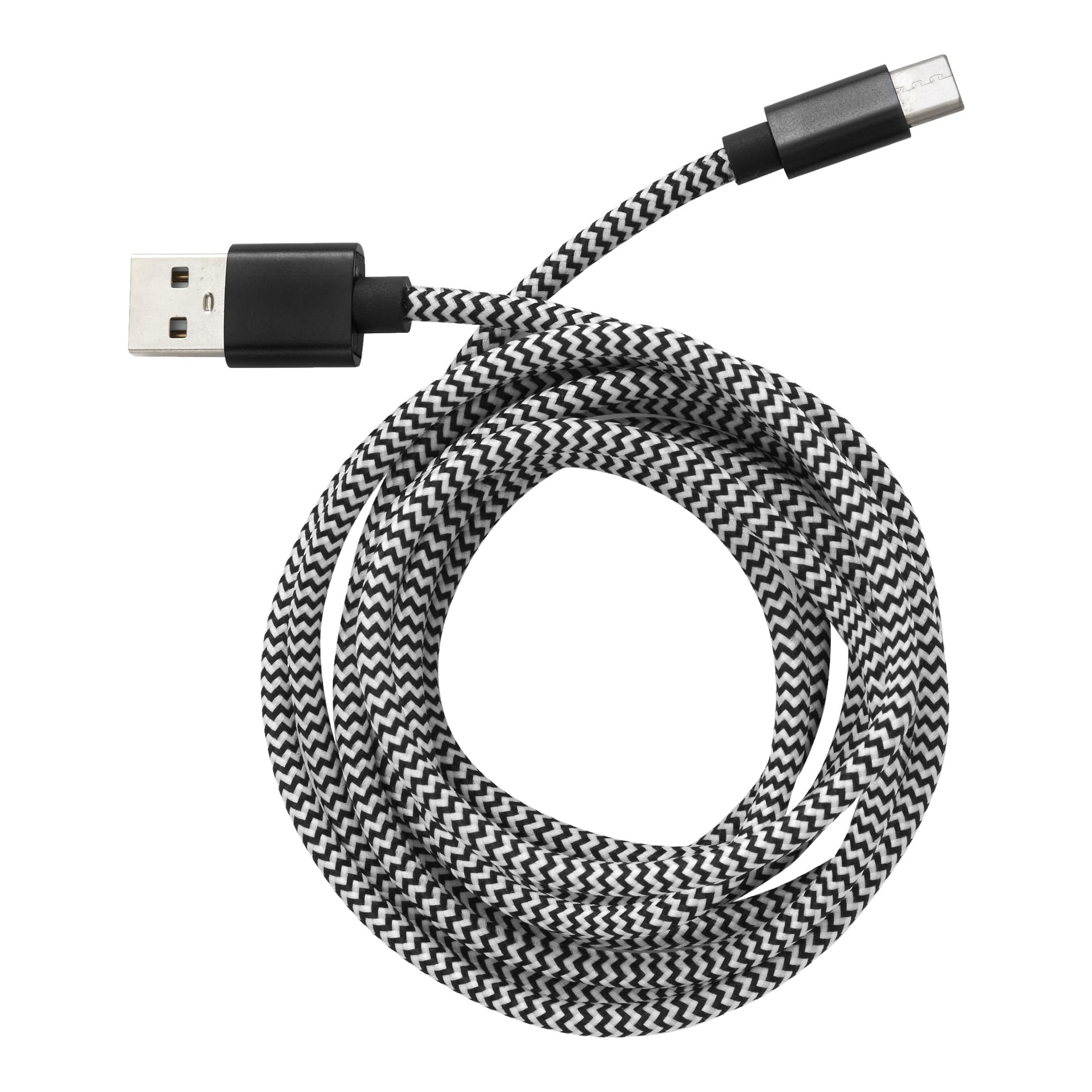 Anslut Charger-kabelen USB C har et svart-hvitt chevron-mønster og USB-A til USB-C-kontakter, vist sammenrullet i en sirkel.