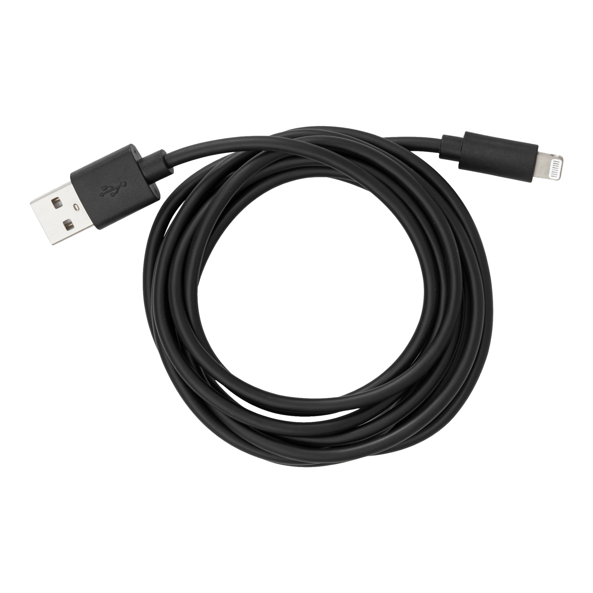 Anslut ladekabel Lightning er en spiralvevd svart USB-A til Lightning-kabel for lading og synkronisering av kompatible enheter.