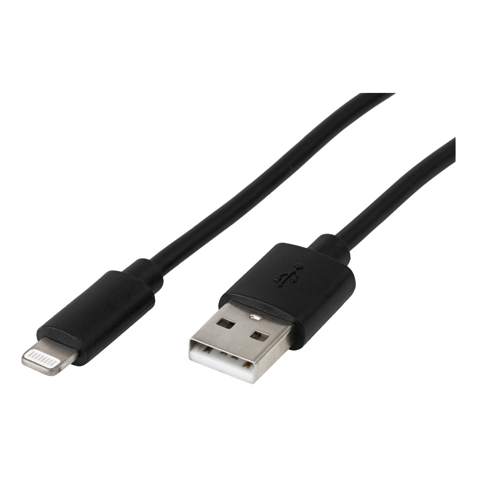 Anslut ladekabel Lightning er en svart kabel med en USB-A-kontakt i den ene enden og en Lightning-kontakt i den andre, designet for lading og dataoverføring.