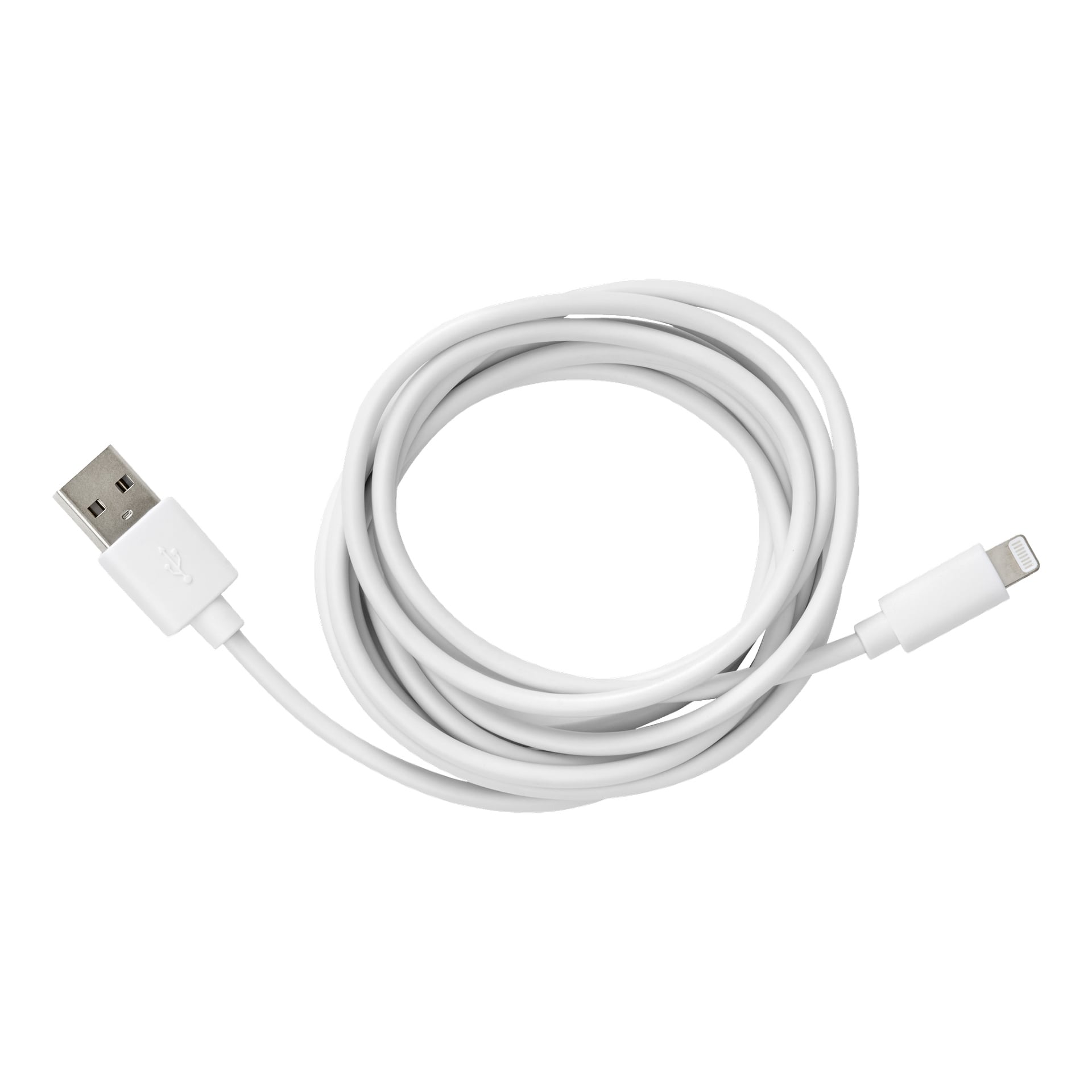 Anslut Charger-kabel Lightning, en vit USB-A till Lightning-kabel, visas lindad med båda kontakterna synliga.
