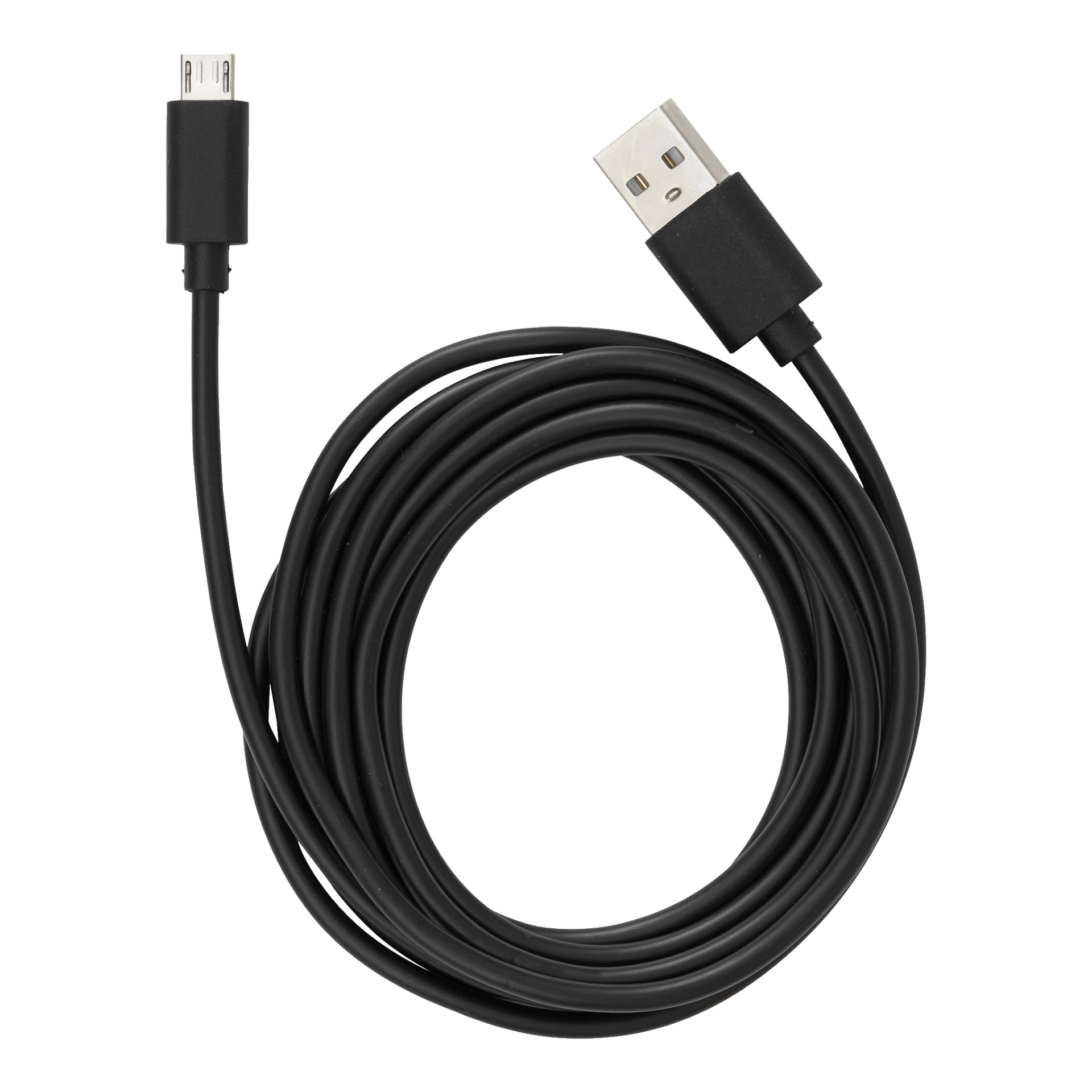 Anslut Charger-kabel Micro-USB, en svart spiralad USB-kabel med en standard USB Type-A-kontakt i ena änden och en micro USB-kontakt i den andra.